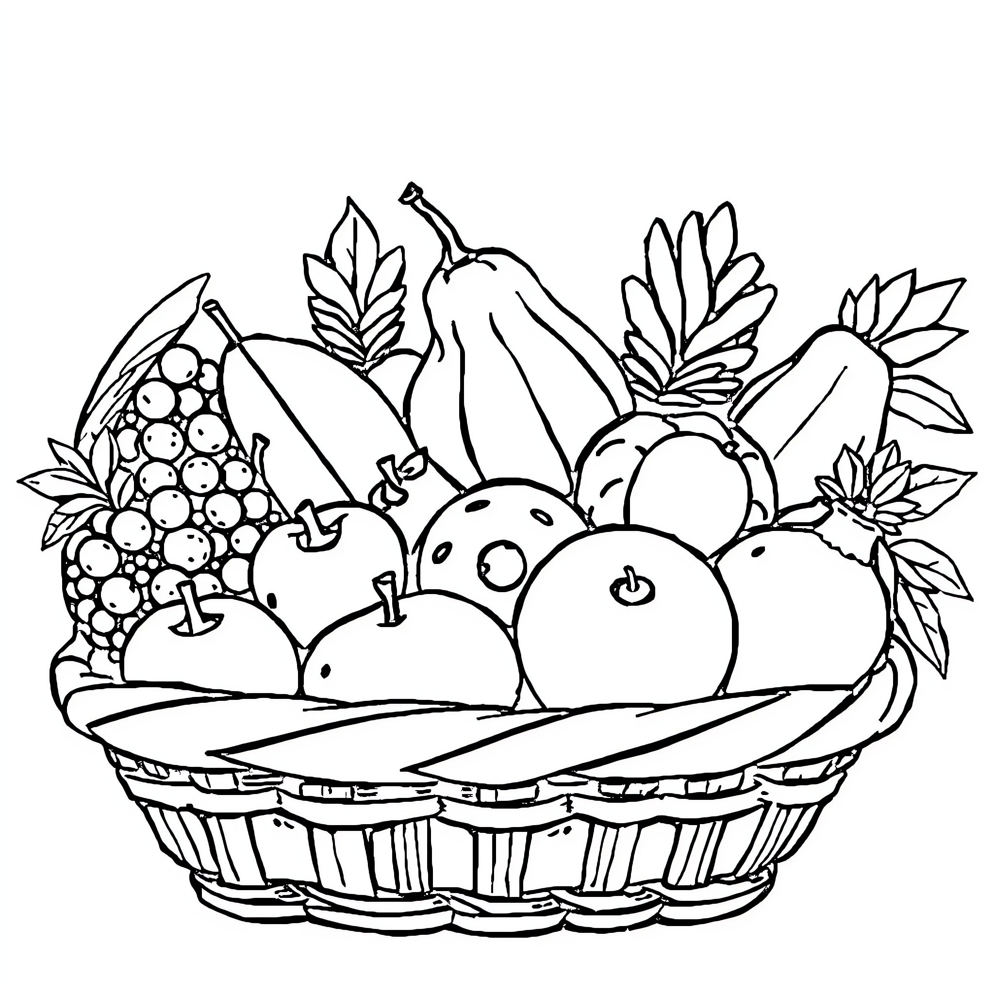 Fruit Basket of Assorted Produce Coloring Page (free black-and-white line drawing printable PDF for all, from beginners to advanced learners, including children, teens, adults, and seniors)