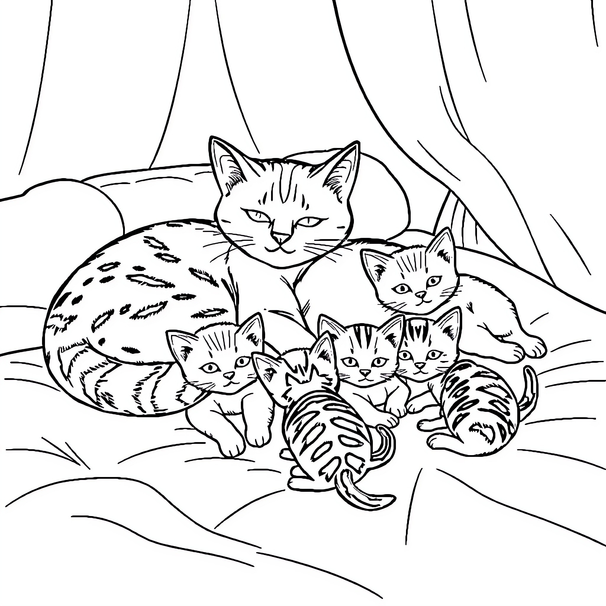 Cat family resting together Coloring Page (free black-and-white line drawing printable PDF for all, from beginners to advanced learners, including children, teens, adults, and seniors)