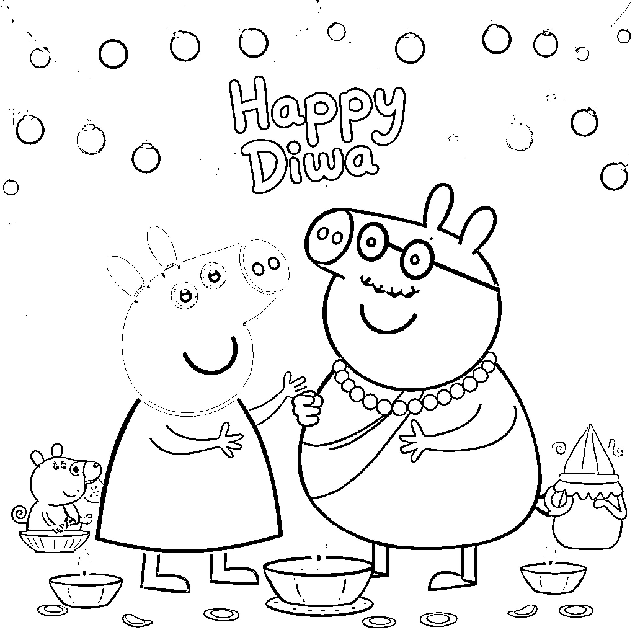 Peppa Pig and Family Celebrating Diwali Holiday Coloring Page (free black-and-white line drawing printable PDF for all, from beginners to advanced learners, including children, teens, adults, and seniors)