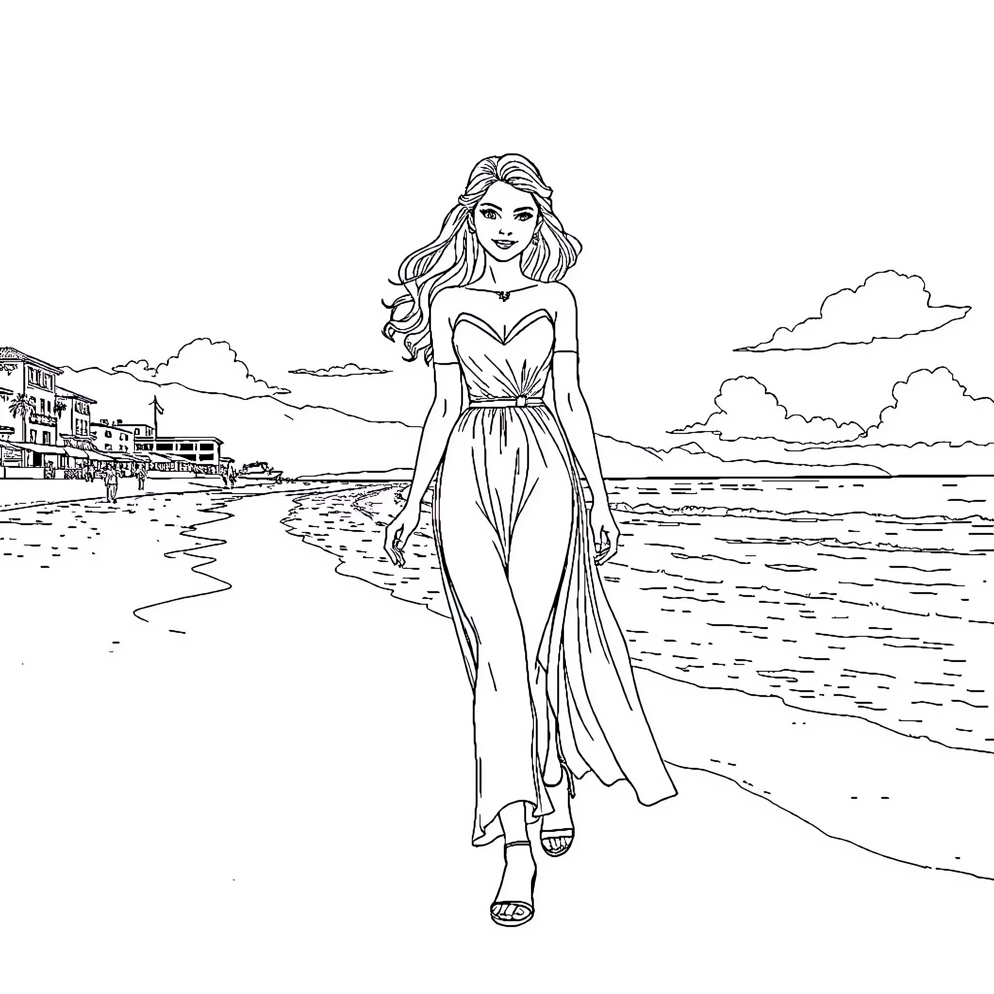 Princess Sofia enjoys a serene beach stroll Coloring Page (free black-and-white line drawing printable PDF for all, from beginners to advanced learners, including children, teens, adults, and seniors)