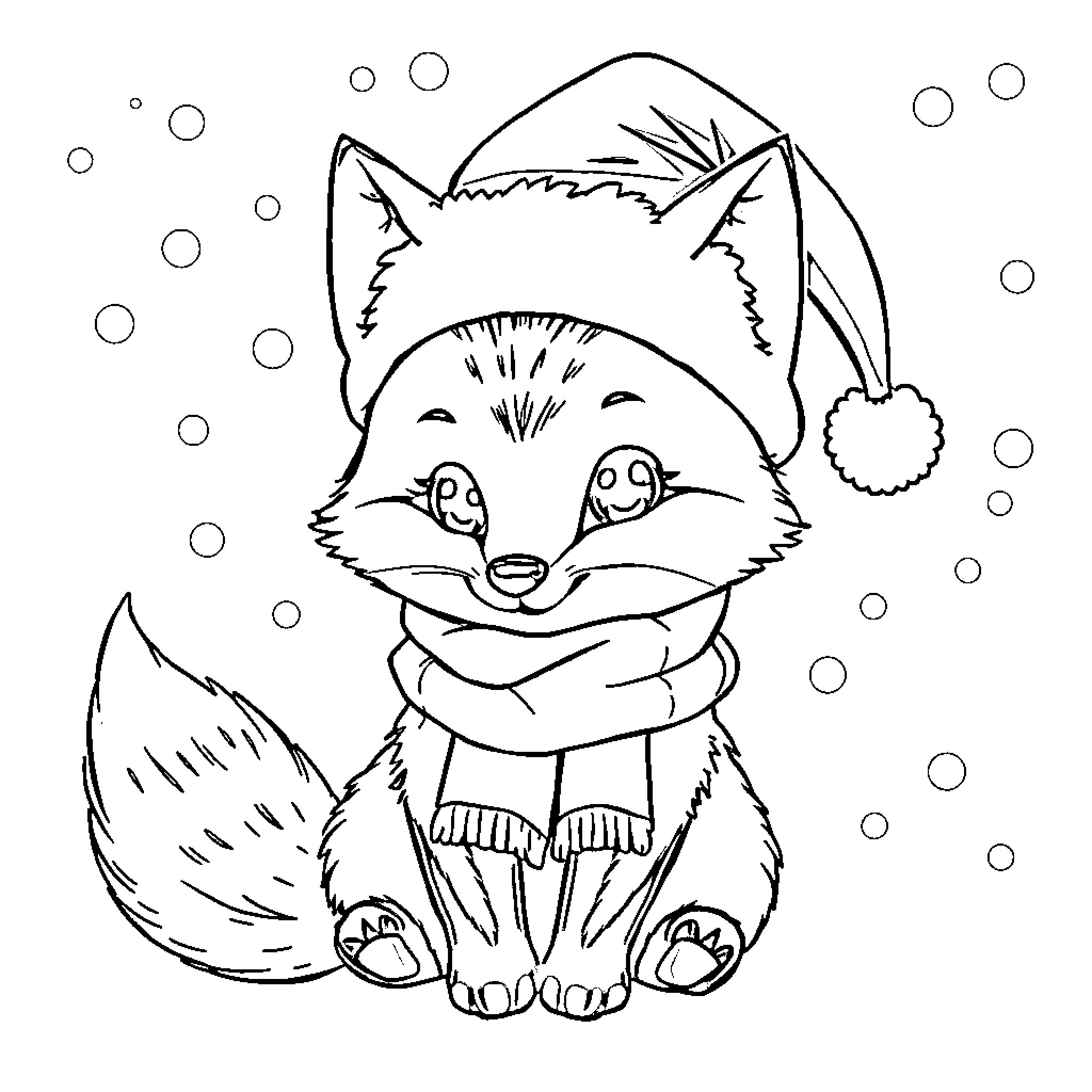Fox in winter attire enjoying the snow Coloring Page (free black-and-white line drawing printable PDF for all, from beginners to advanced learners, including children, teens, adults, and seniors)