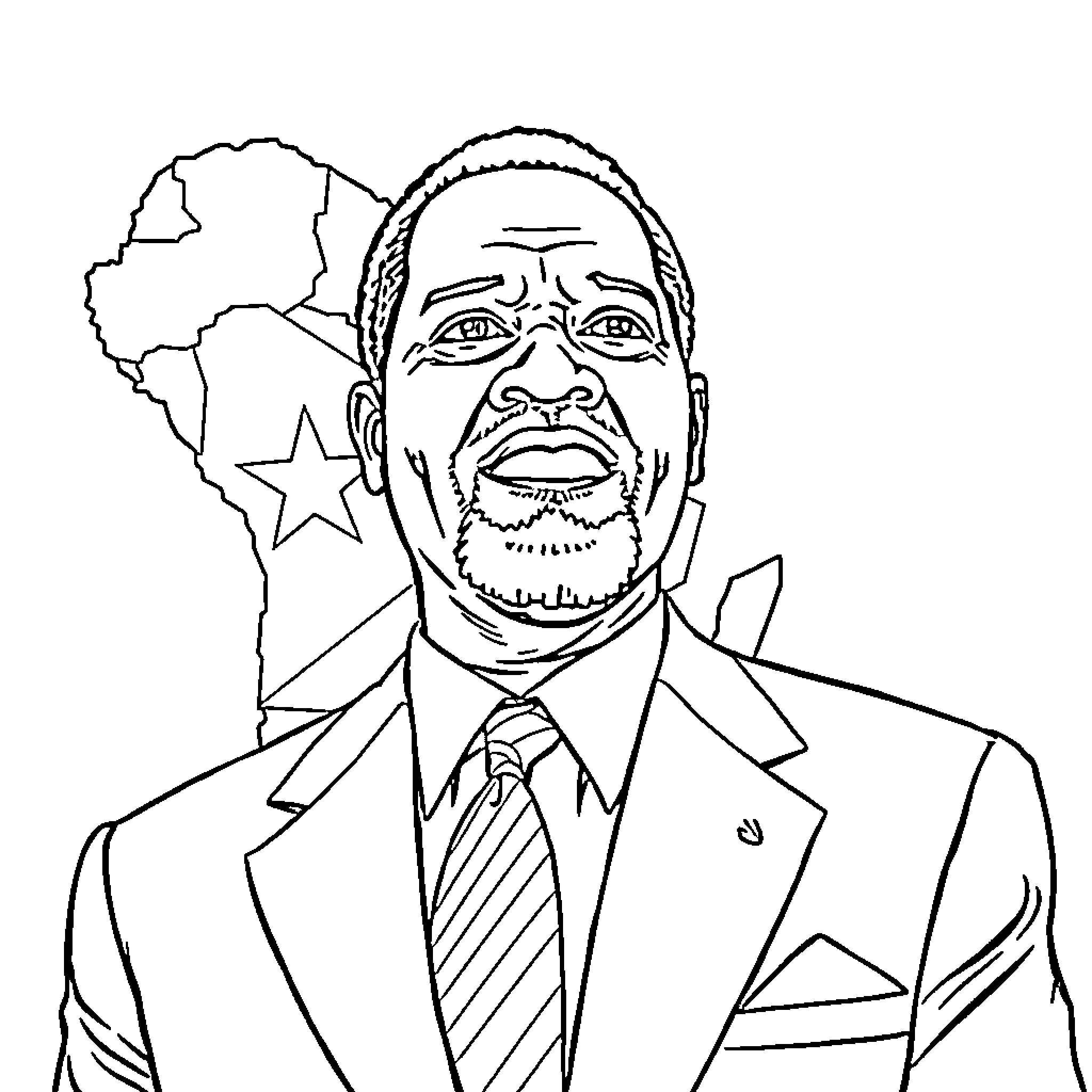 Samora Machel portrayed in formal attire and surrounded by symbols Coloring Page (free black-and-white line drawing printable PDF for all, from beginners to advanced learners, including children, teens, adults, and seniors)