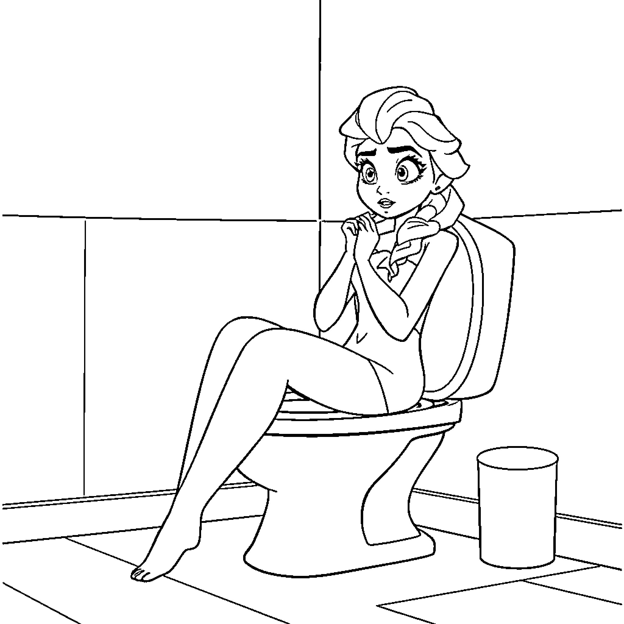 Elsa relaxing on the toilet Coloring Page (free black-and-white line drawing printable PDF for all, from beginners to advanced learners, including children, teens, adults, and seniors)