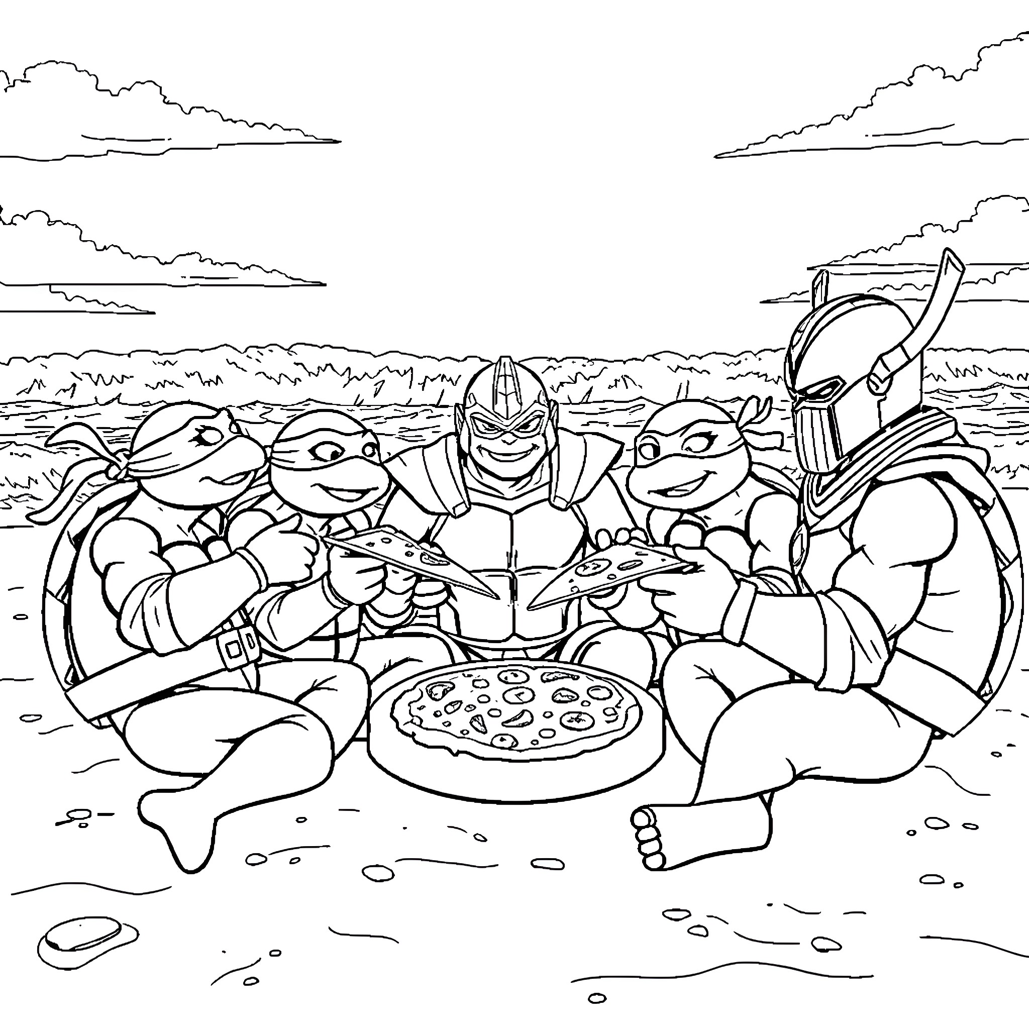 Ninja Turtles enjoying a pizza on the beach Coloring Page (free black-and-white line drawing printable PDF for all, from beginners to advanced learners, including children, teens, adults, and seniors)