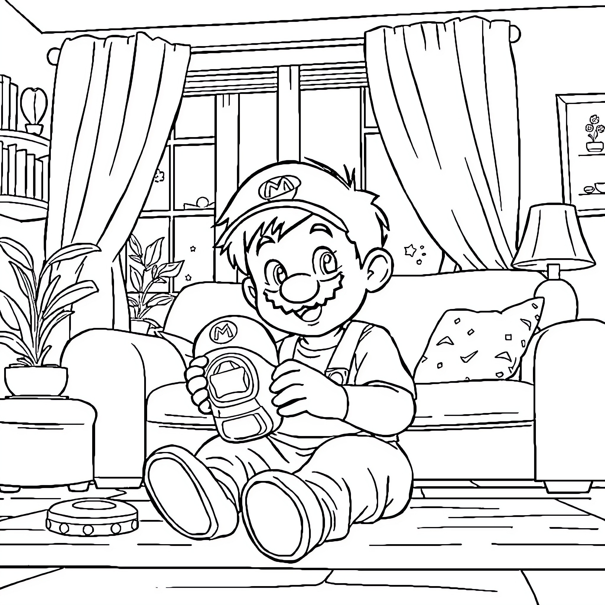Child playing with toys in cozy home Coloring Page (free black-and-white line drawing printable PDF for all, from beginners to advanced learners, including children, teens, adults, and seniors)