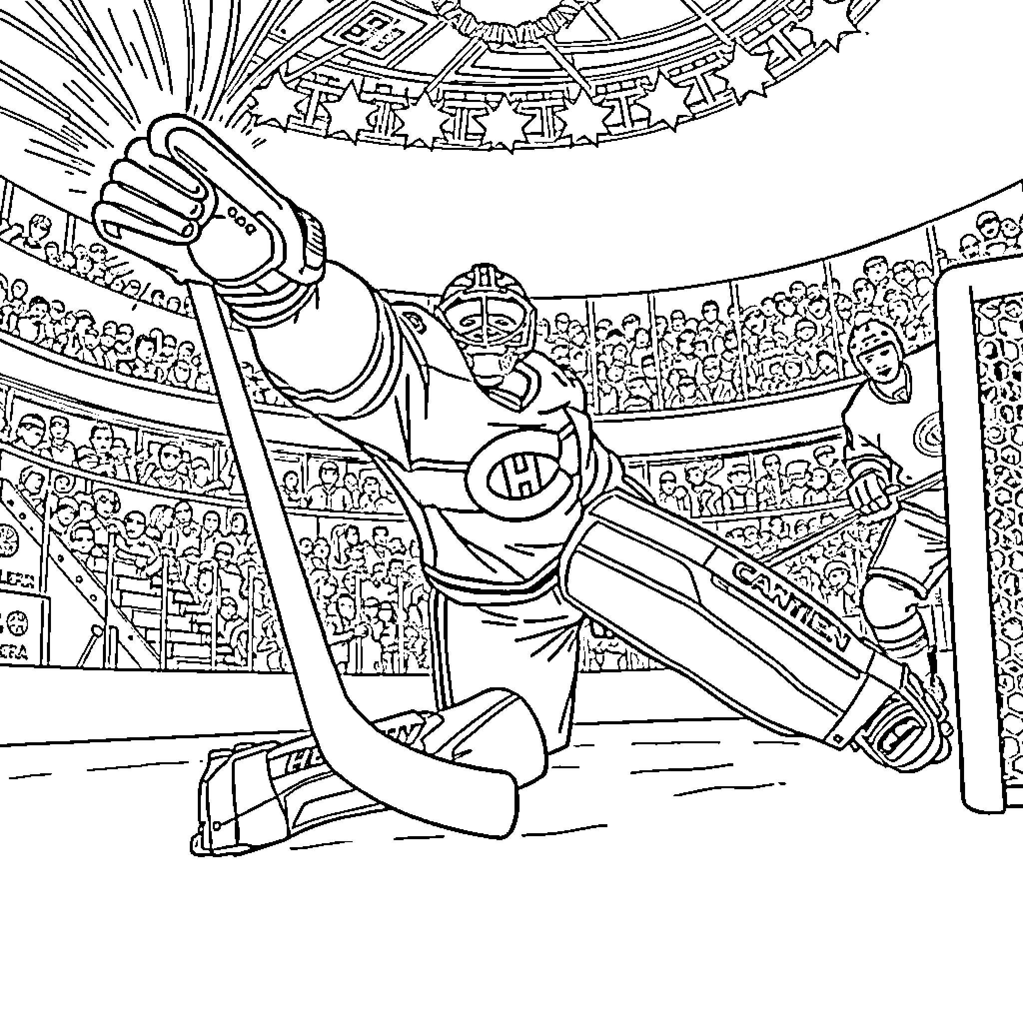 Goalie leaps to make a dramatic save on the ice rink Coloring Page (free black-and-white line drawing printable PDF for all, from beginners to advanced learners, including children, teens, adults, and seniors)