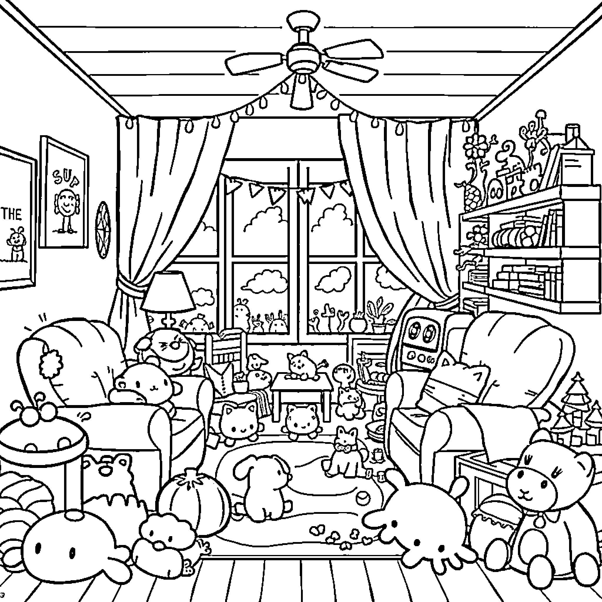 Home of Playful Stuffed Animals Coloring Page (free black-and-white line drawing printable PDF for all, from beginners to advanced learners, including children, teens, adults, and seniors)