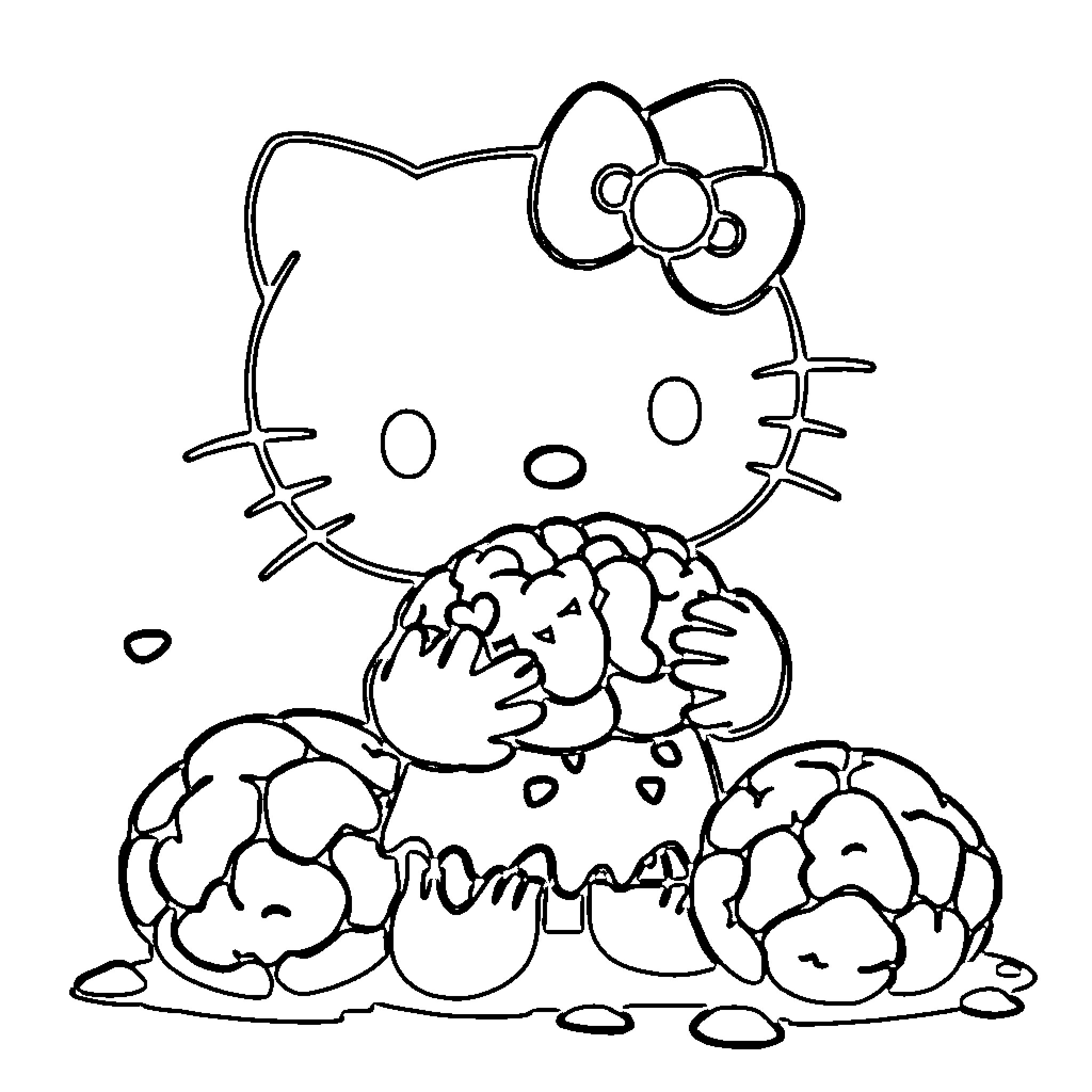 Hello Kitty in a whimsical scene Coloring Page (free black-and-white line drawing printable PDF for all, from beginners to advanced learners, including children, teens, adults, and seniors)