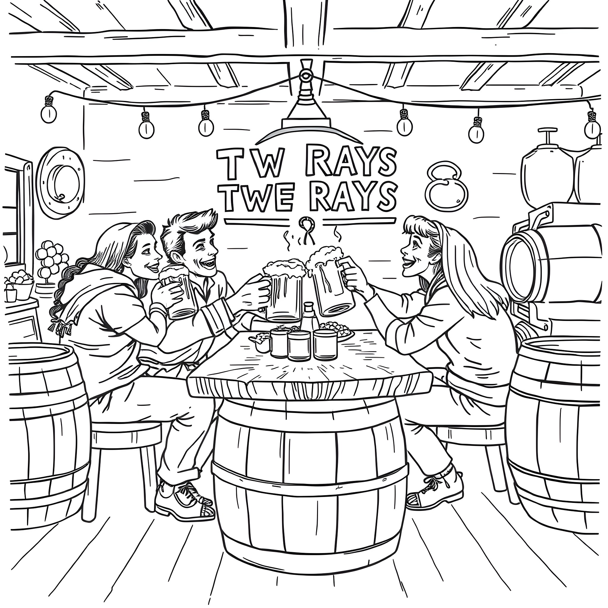 Beer Drinkers Celebrating and Toasting in Pub Coloring Page (free black-and-white line drawing printable PDF for all, from beginners to advanced learners, including children, teens, adults, and seniors)