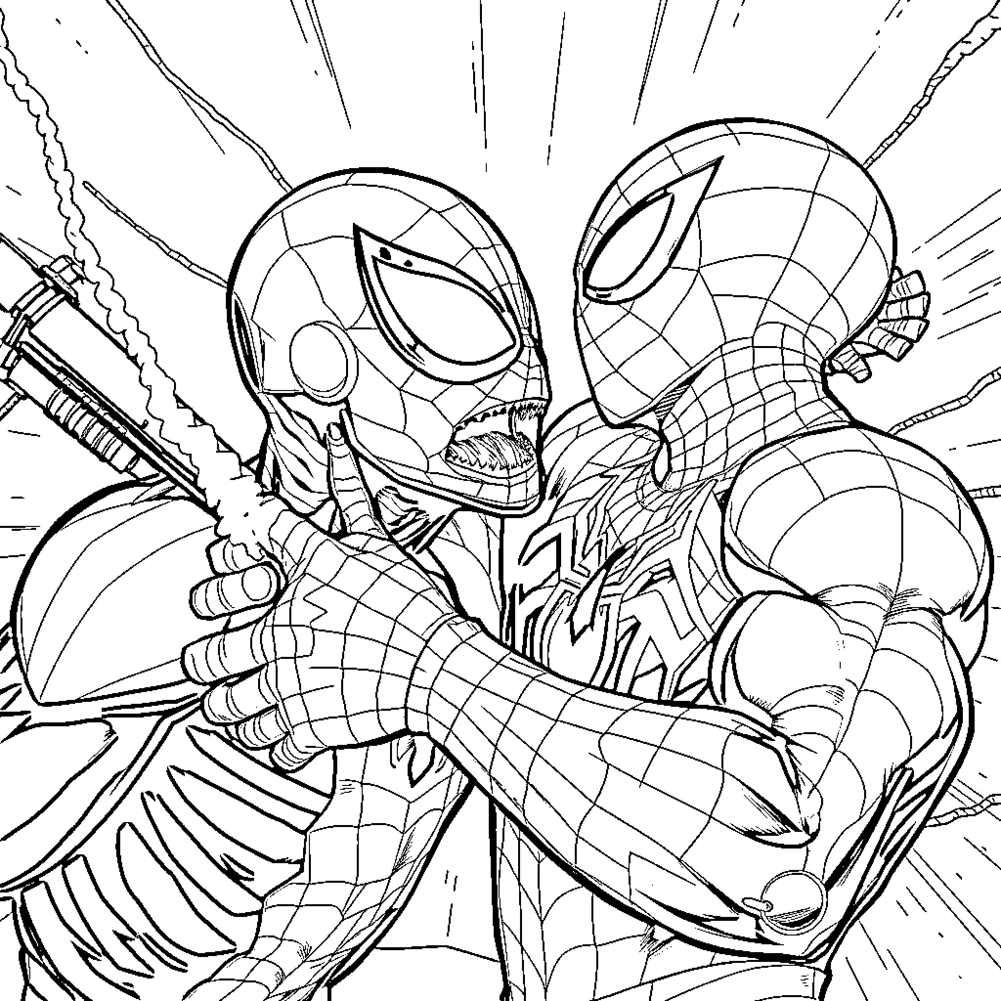 Spider-Man battling a foe with powers Coloring Page (free black-and-white line drawing printable PDF for all, from beginners to advanced learners, including children, teens, adults, and seniors)