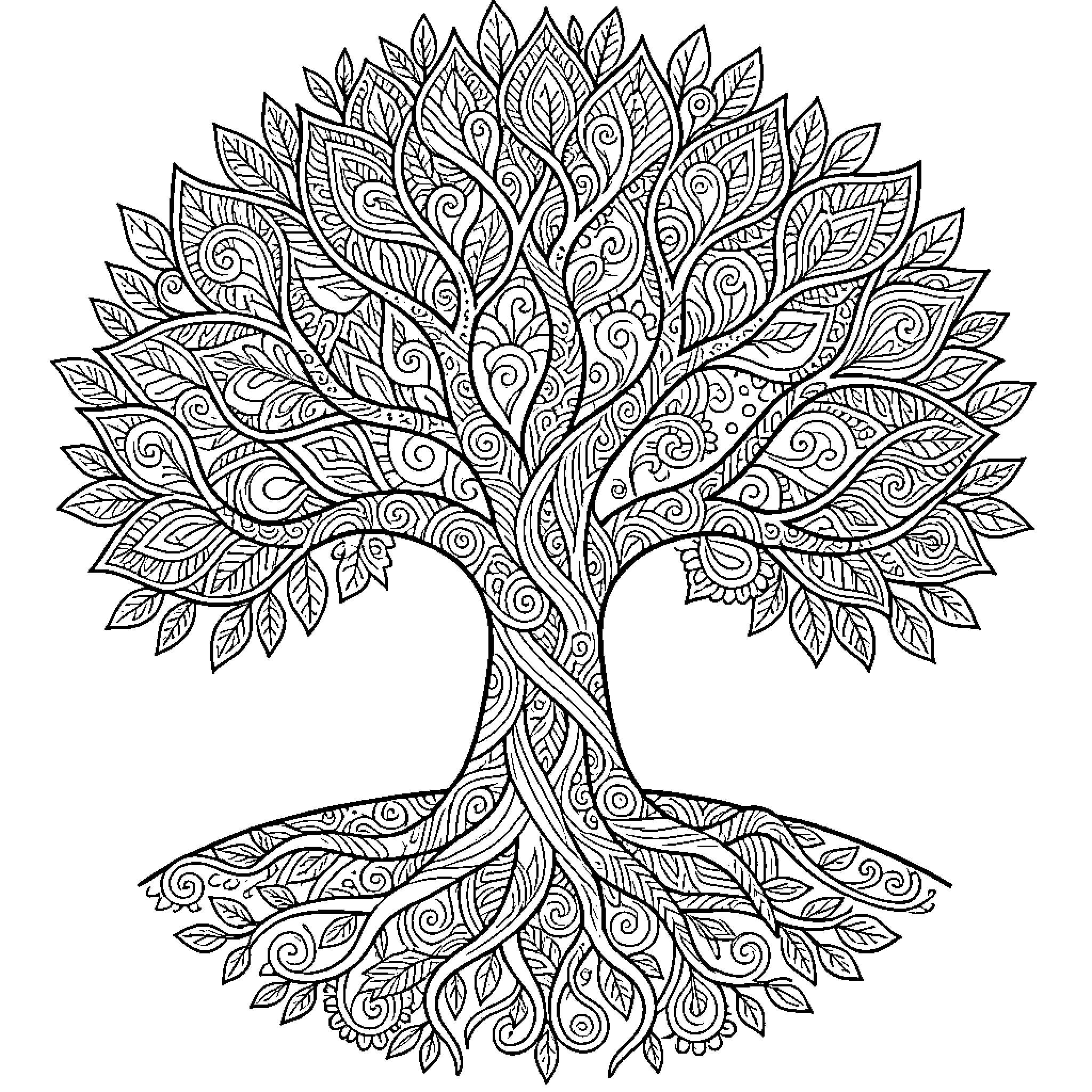 Tree featuring intricate swirling patterns and decorative leaves Coloring Page (free black-and-white line drawing printable PDF for all, from beginners to advanced learners, including children, teens, adults, and seniors)