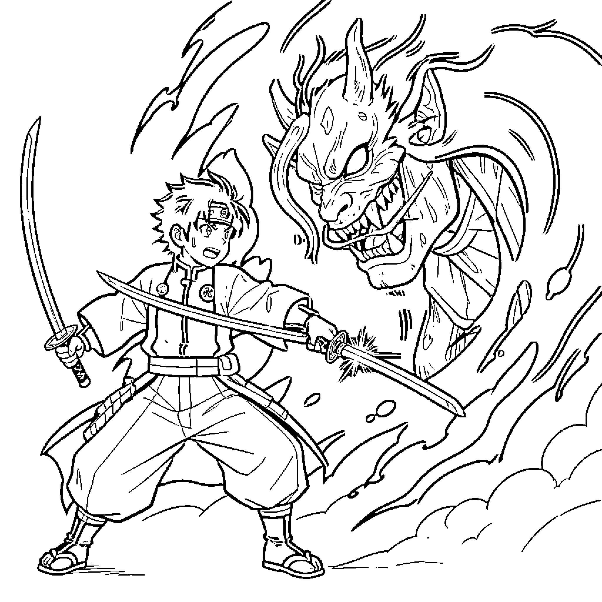 Tanjiro wielding dual swords against a dragon spirit Coloring Page (free black-and-white line drawing printable PDF for all, from beginners to advanced learners, including children, teens, adults, and seniors)