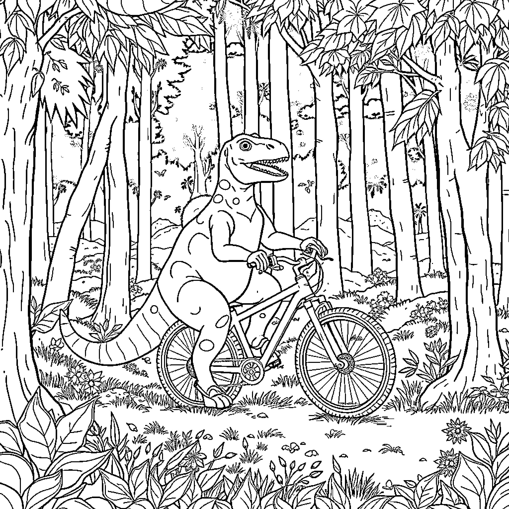 Espinosaurio riding a bicycle through the lush jungle Coloring Page (free black-and-white line drawing printable PDF for all, from beginners to advanced learners, including children, teens, adults, and seniors)