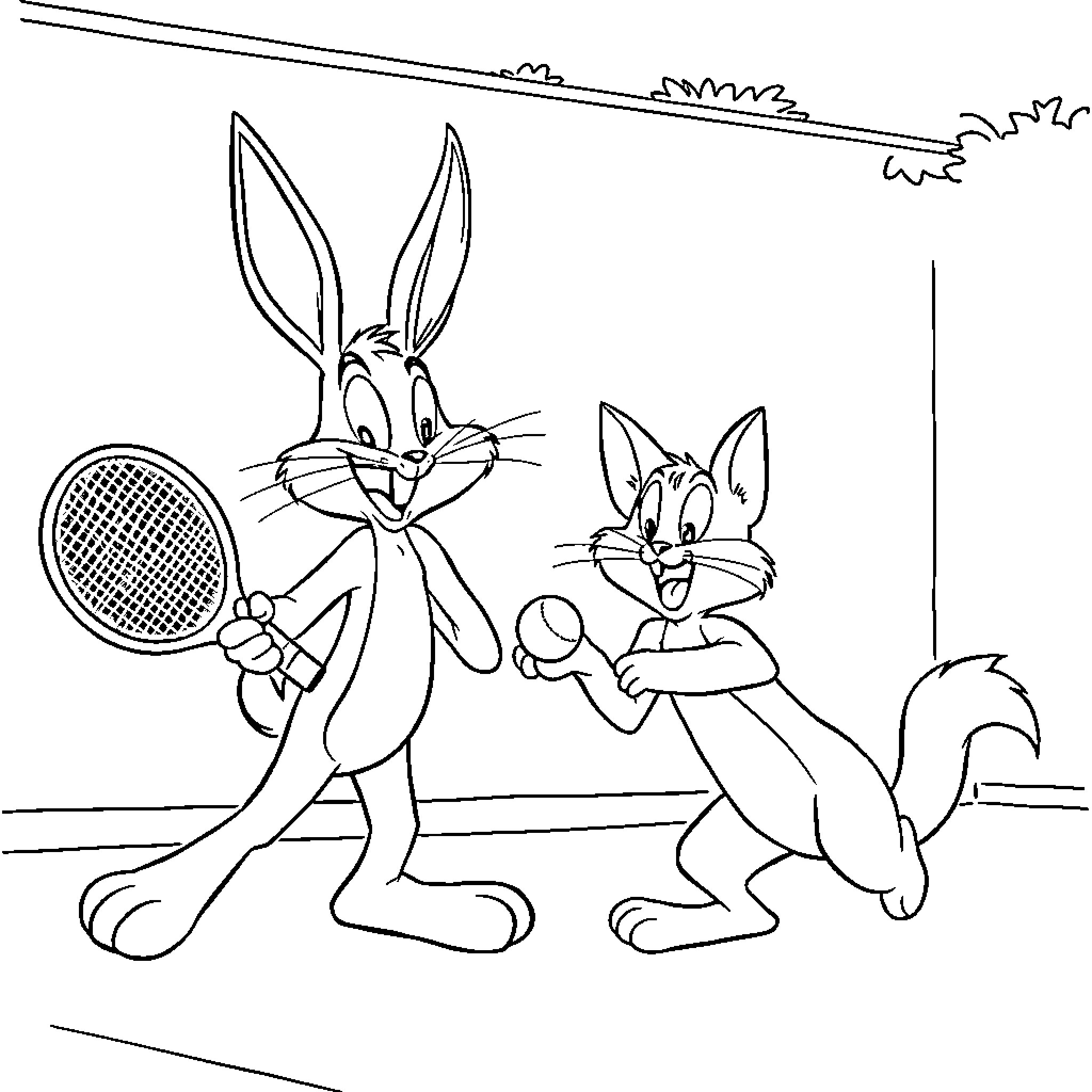Bugs Bunny and Sylvester playing tennis Coloring Page (free black-and-white line drawing printable PDF for all, from beginners to advanced learners, including children, teens, adults, and seniors)
