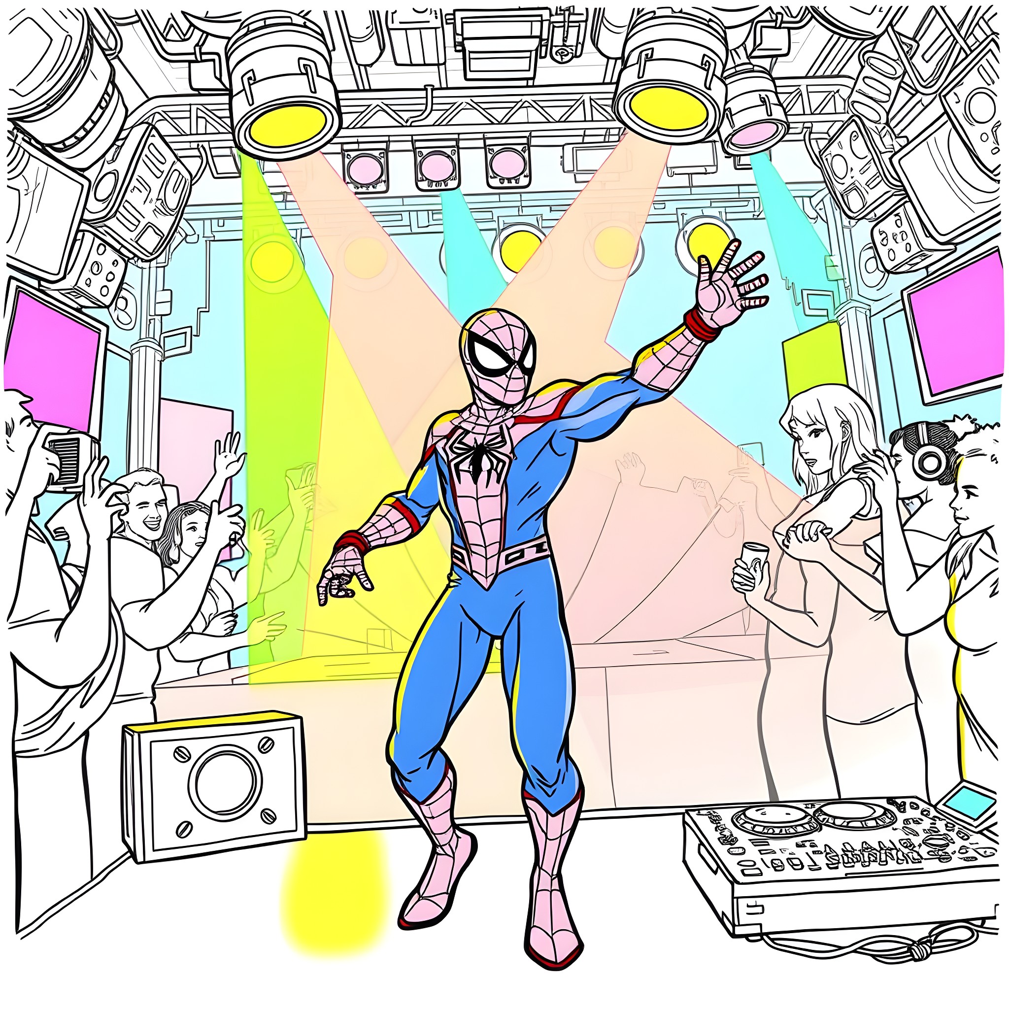 Spiderman performing in a concert stage Coloring Page (free black-and-white line drawing printable PDF for all, from beginners to advanced learners, including children, teens, adults, and seniors)