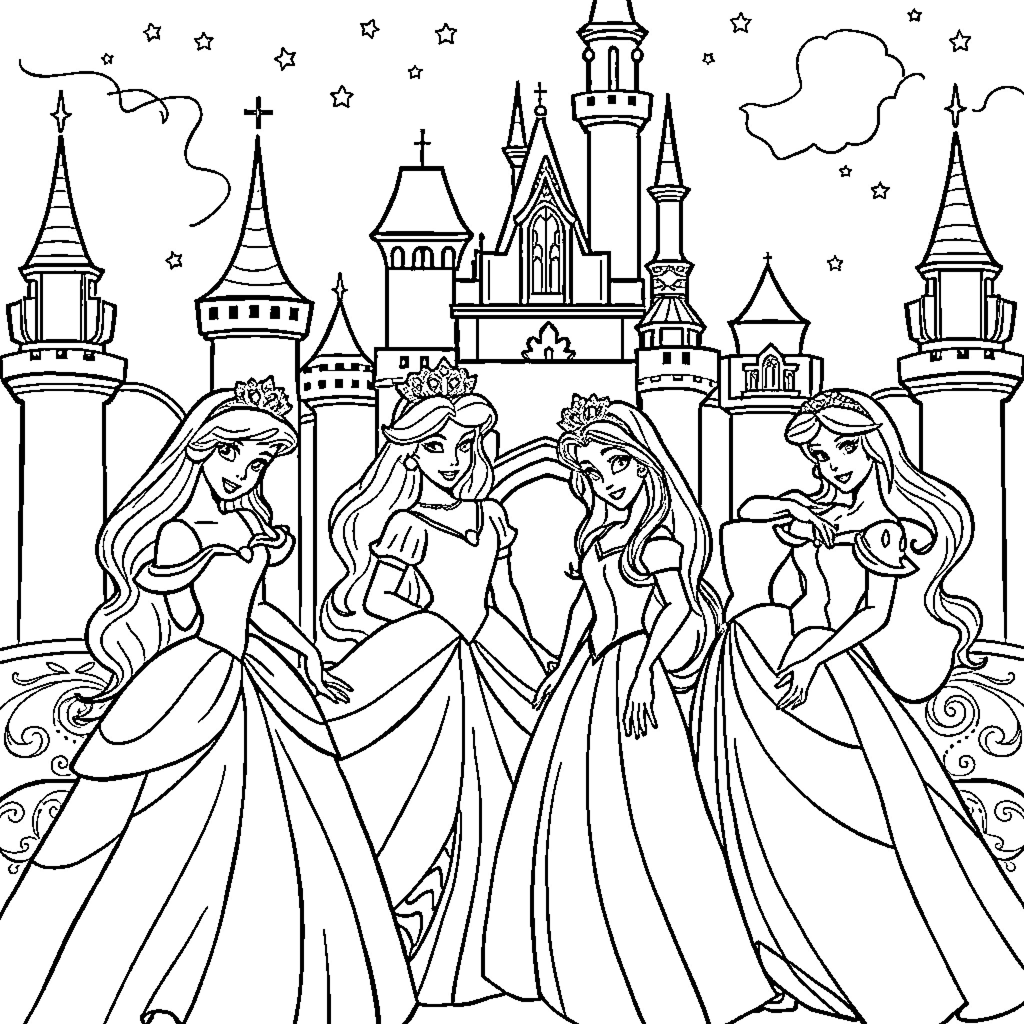 Disney Princess in Beautiful Ballroom Gowns Coloring Page (free black-and-white line drawing printable PDF for all, from beginners to advanced learners, including children, teens, adults, and seniors)