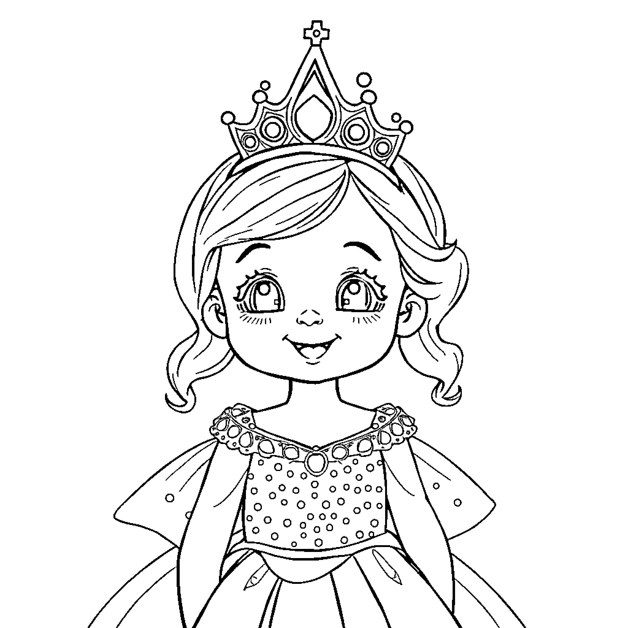 Princess with Tiara and Polka Dot Dress Coloring Page (free black-and-white line drawing printable PDF for all, from beginners to advanced learners, including children, teens, adults, and seniors)