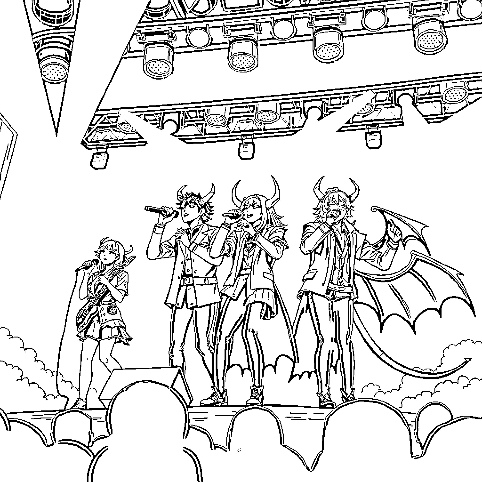 Kpop Demon Hunters on Stage with Intense Expressions Coloring Page (free black-and-white line drawing printable PDF for all, from beginners to advanced learners, including children, teens, adults, and seniors)