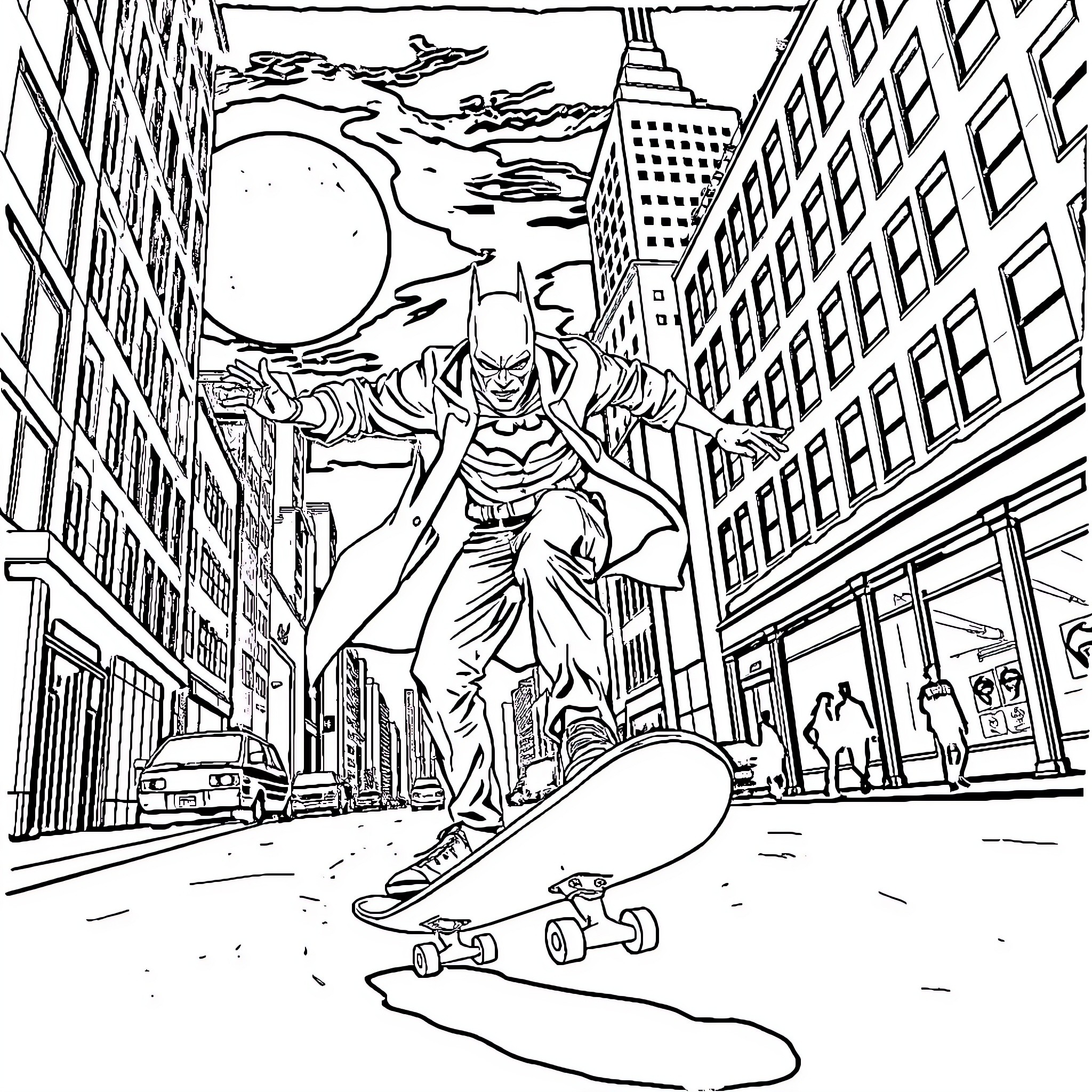 Skateboarding through the city streets Coloring Page (free black-and-white line drawing printable PDF for all, from beginners to advanced learners, including children, teens, adults, and seniors)