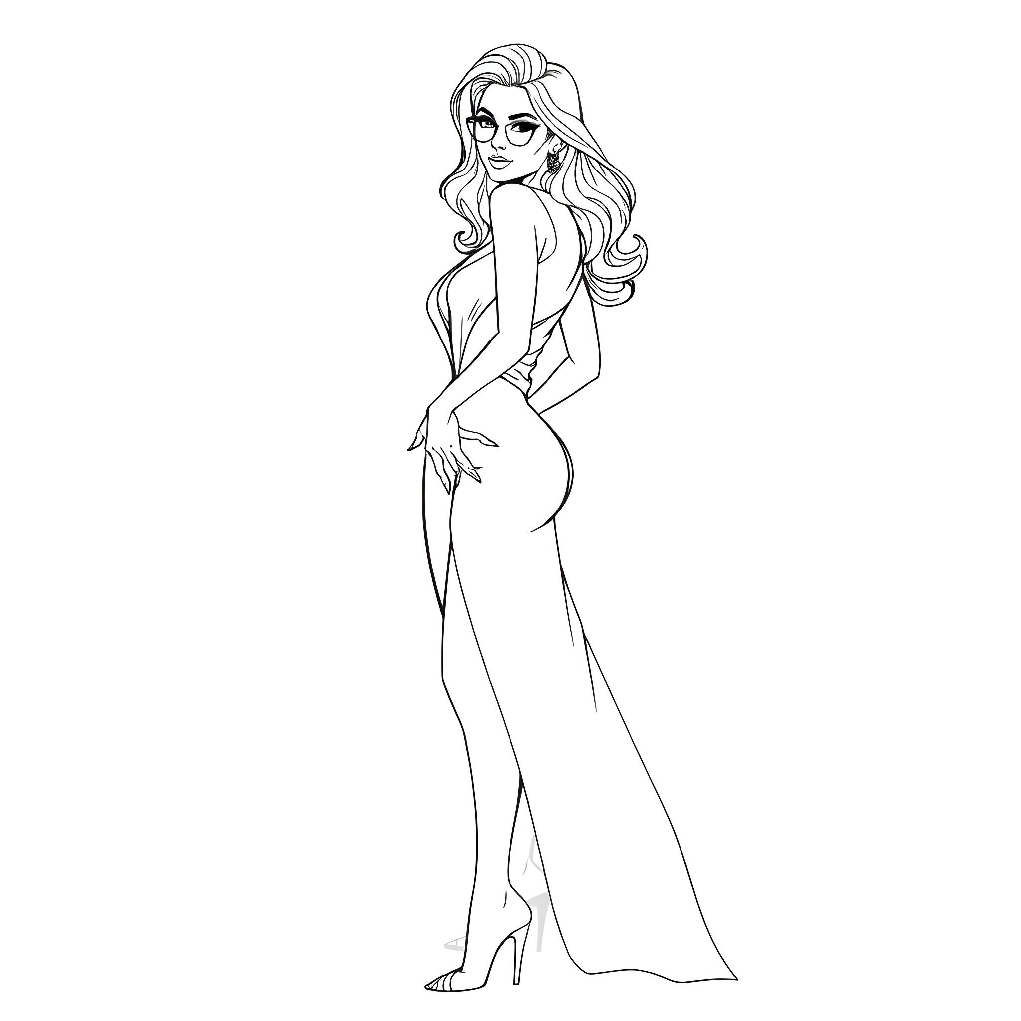 Alexis strikes a confident pose in a glamorous gown Coloring Page (free black-and-white line drawing printable PDF for all, from beginners to advanced learners, including children, teens, adults, and seniors)