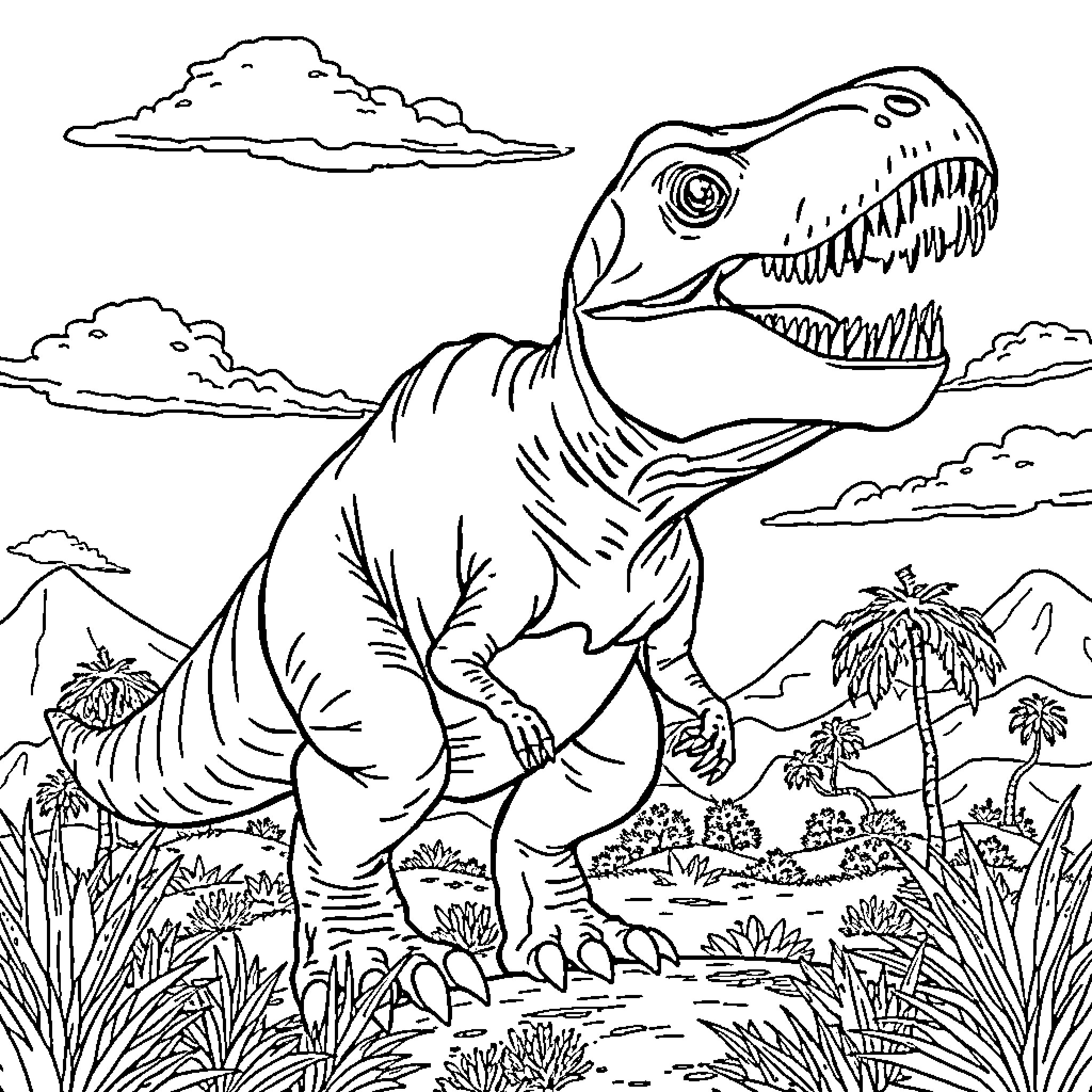 Tyrannosaurus roaming through the prehistoric landscape Coloring Page (free black-and-white line drawing printable PDF for all, from beginners to advanced learners, including children, teens, adults, and seniors)