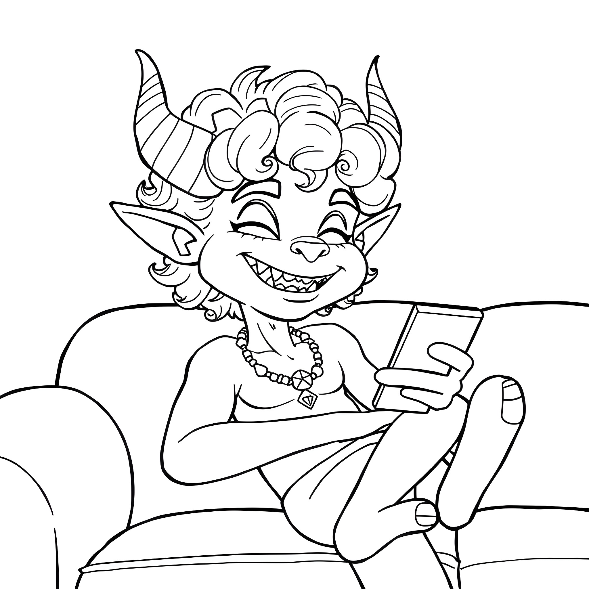 Fantasy Creature happily using smartphone on couch Coloring Page (free black-and-white line drawing printable PDF for all, from beginners to advanced learners, including children, teens, adults, and seniors)