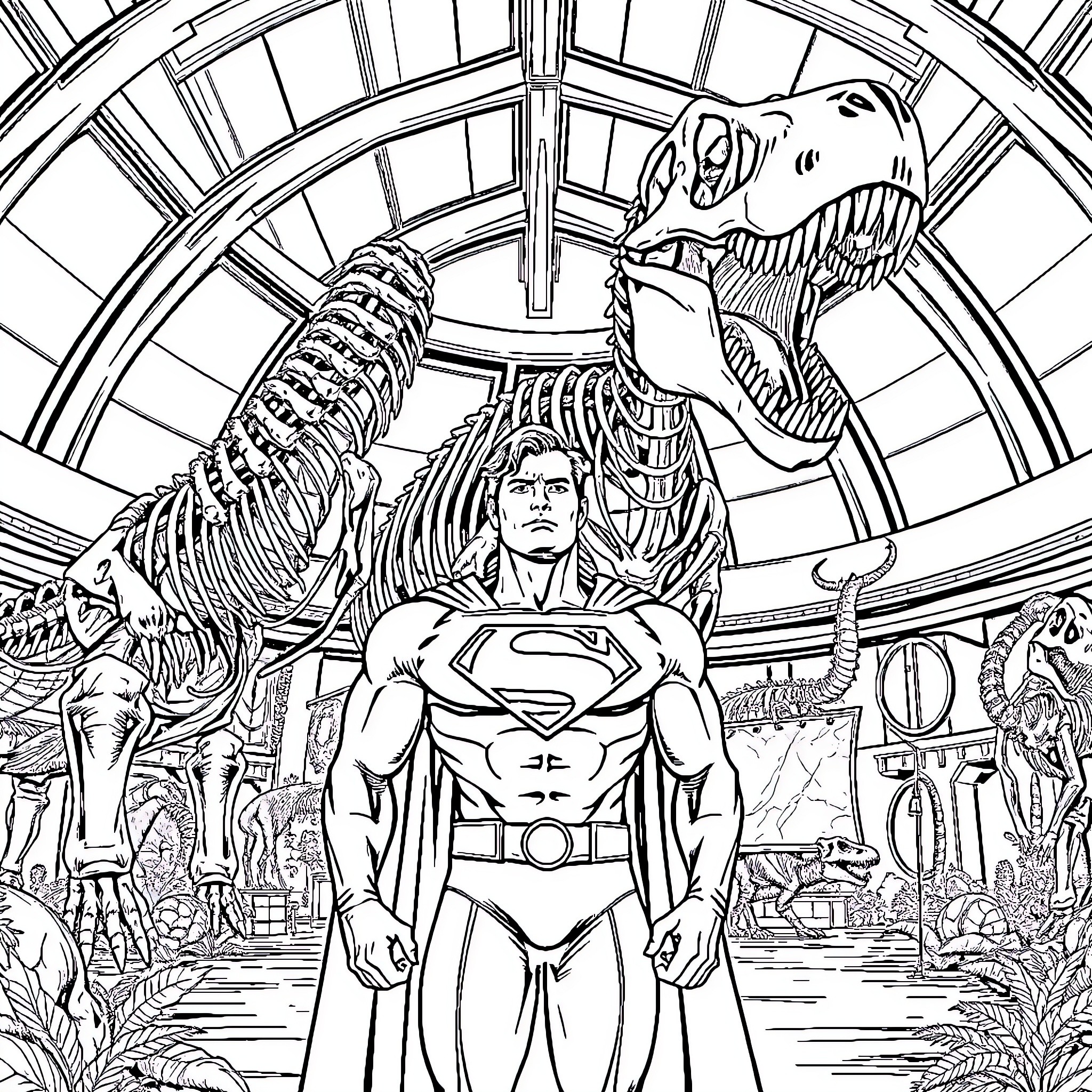 Superman standing heroically in a prehistoric museum Coloring Page (free black-and-white line drawing printable PDF for all, from beginners to advanced learners, including children, teens, adults, and seniors)