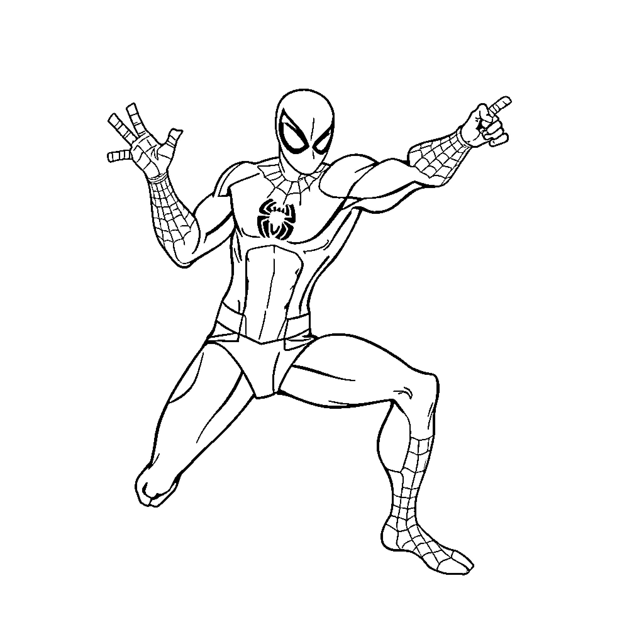 Spiderman in action-packed pose Coloring Page (free black-and-white line drawing printable PDF for all, from beginners to advanced learners, including children, teens, adults, and seniors)