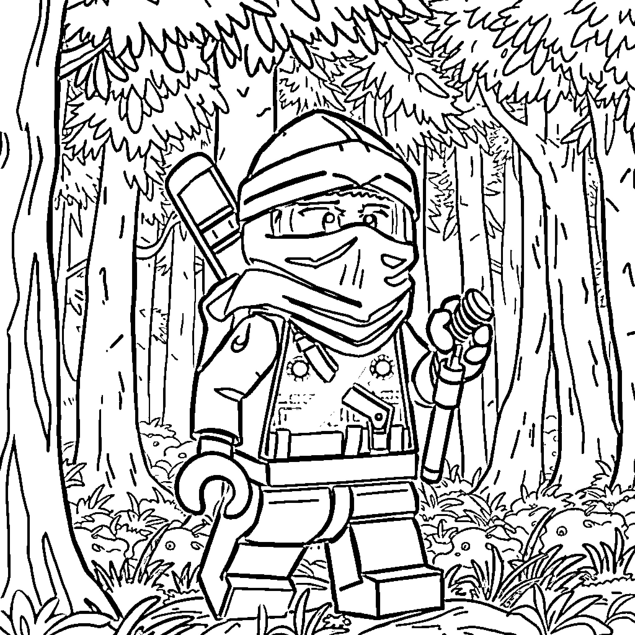 Ninjago ninja in mysterious forest Coloring Page (free black-and-white line drawing printable PDF for all, from beginners to advanced learners, including children, teens, adults, and seniors)