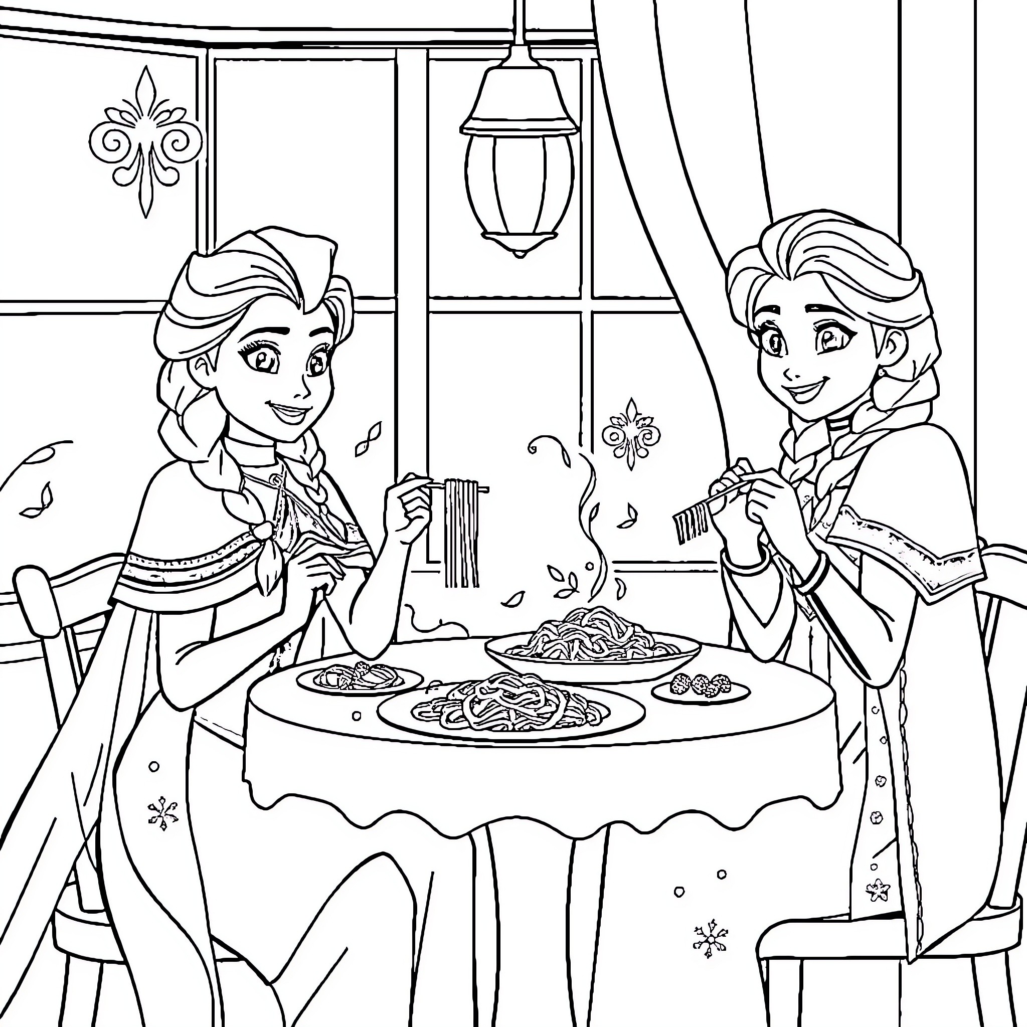 Elsa and Anna enjoying a warm meal together Coloring Page (free black-and-white line drawing printable PDF for all, from beginners to advanced learners, including children, teens, adults, and seniors)