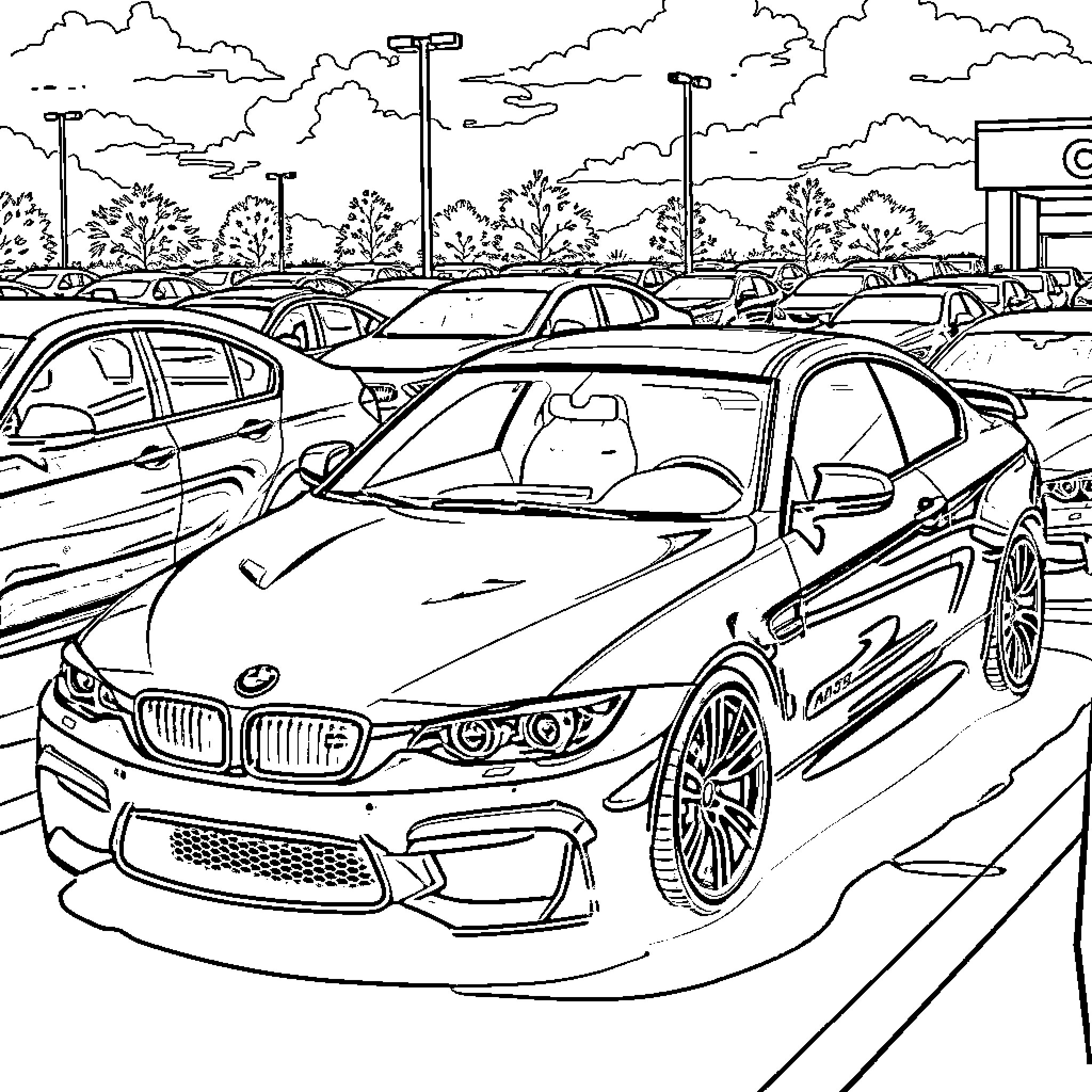 BMW cars in a parking lot with scenic background Coloring Page (free black-and-white line drawing printable PDF for all, from beginners to advanced learners, including children, teens, adults, and seniors)