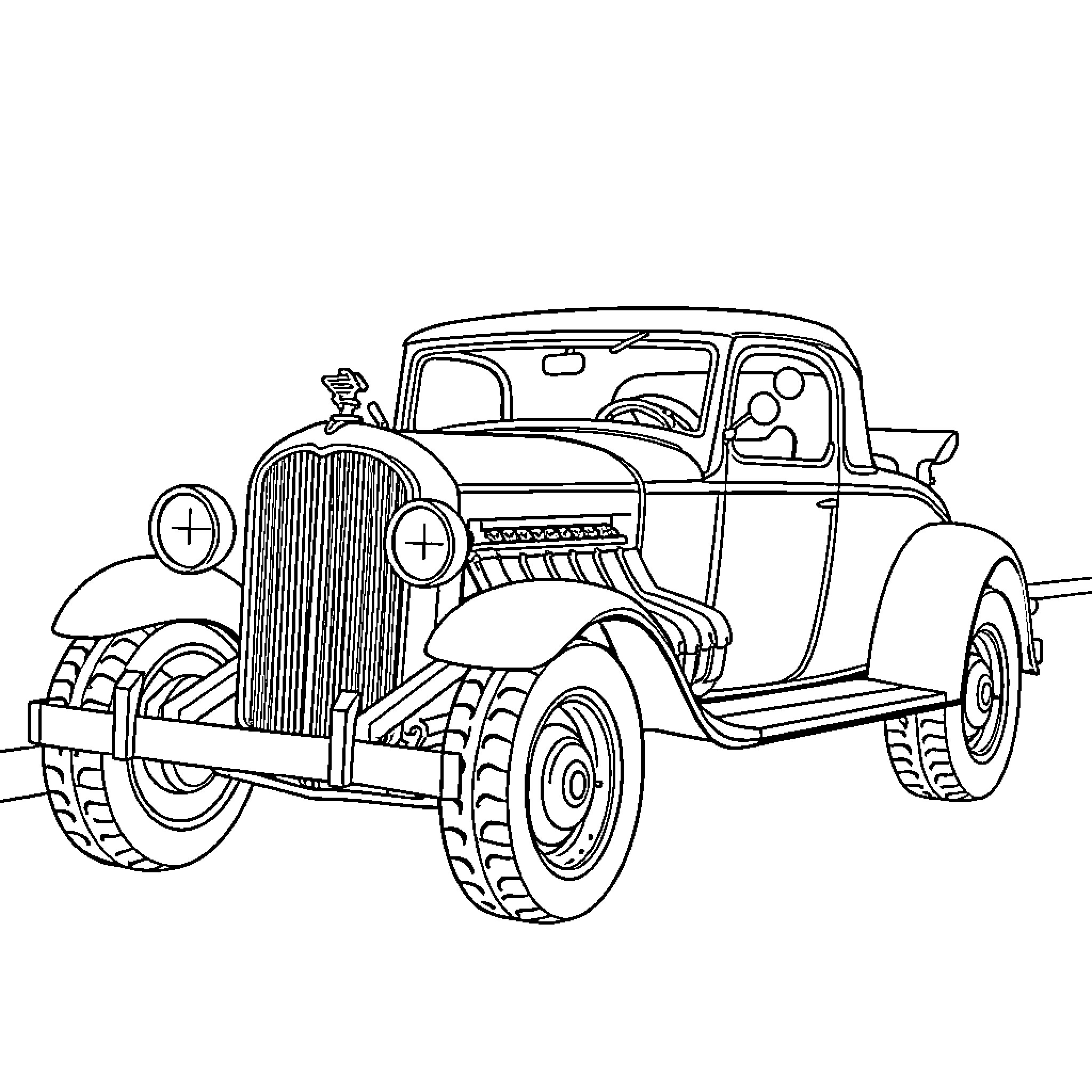 Bones Shaker Vintage Automobile Illustration Coloring Page (free black-and-white line drawing printable PDF for all, from beginners to advanced learners, including children, teens, adults, and seniors)