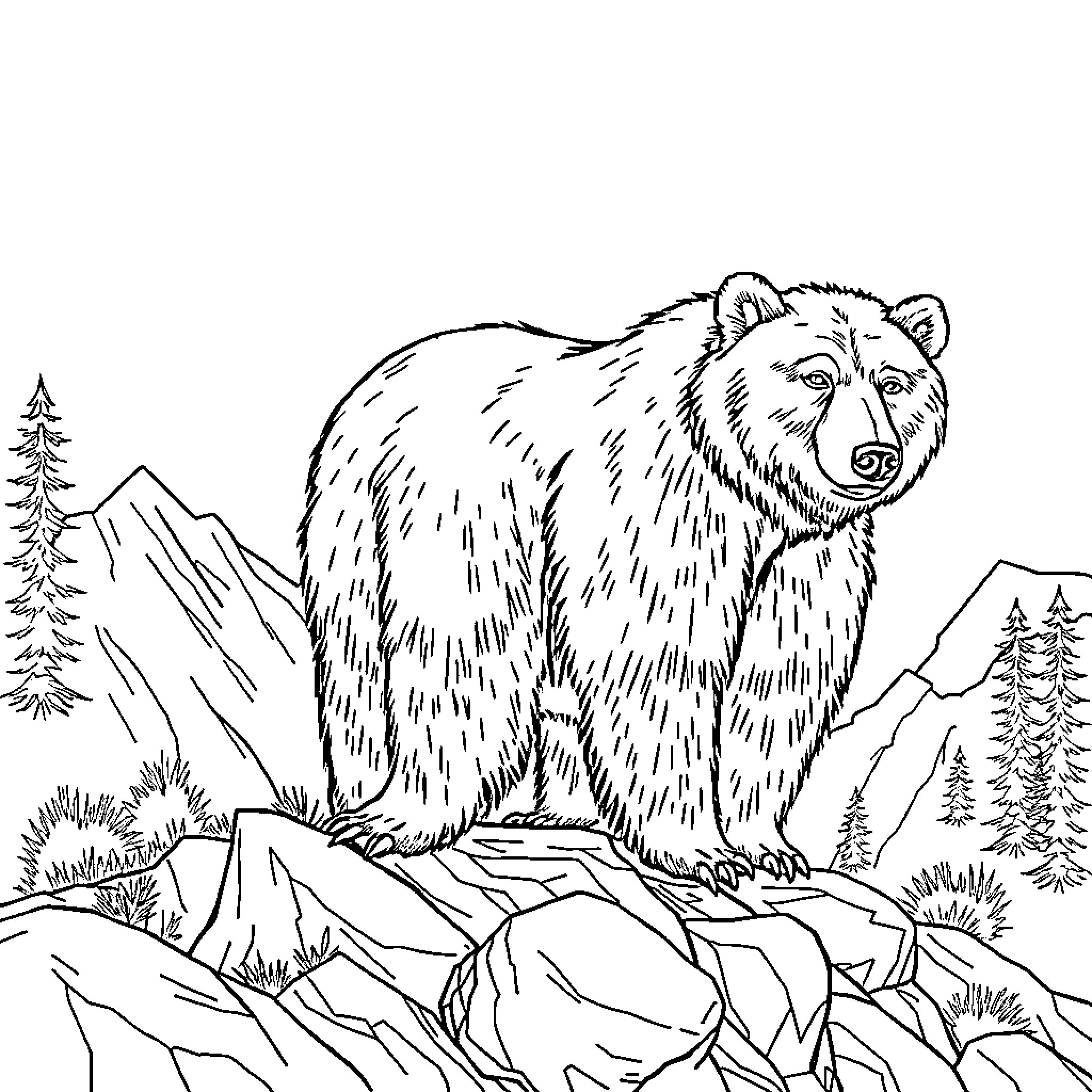 Bear wandering in the mountainous wilderness Coloring Page (free black-and-white line drawing printable PDF for all, from beginners to advanced learners, including children, teens, adults, and seniors)