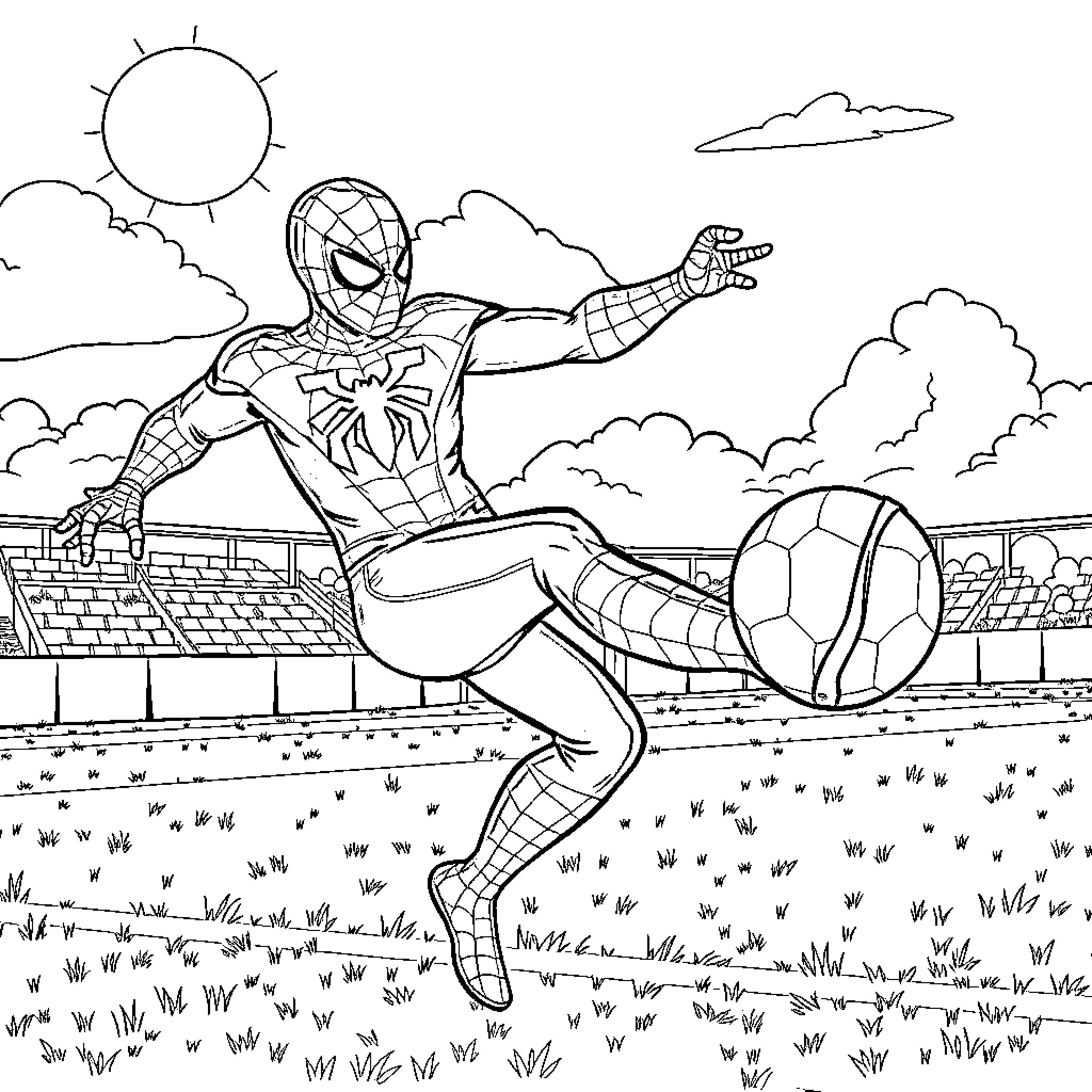 Spider-Man swinging and kicking a soccer ball Coloring Page (free black-and-white line drawing printable PDF for all, from beginners to advanced learners, including children, teens, adults, and seniors)