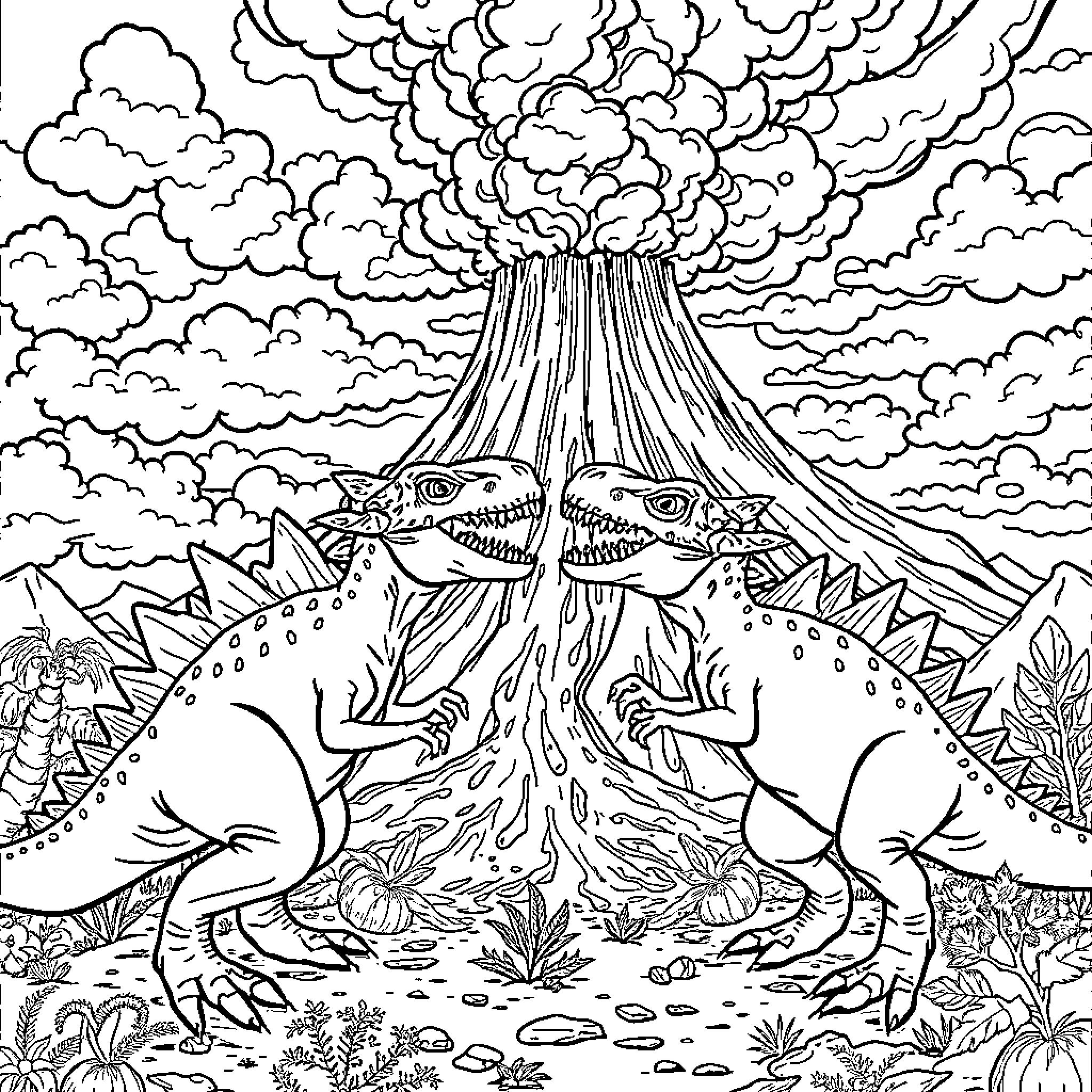 Dinosaurs erupting from a volcanic scene Coloring Page (free black-and-white line drawing printable PDF for all, from beginners to advanced learners, including children, teens, adults, and seniors)