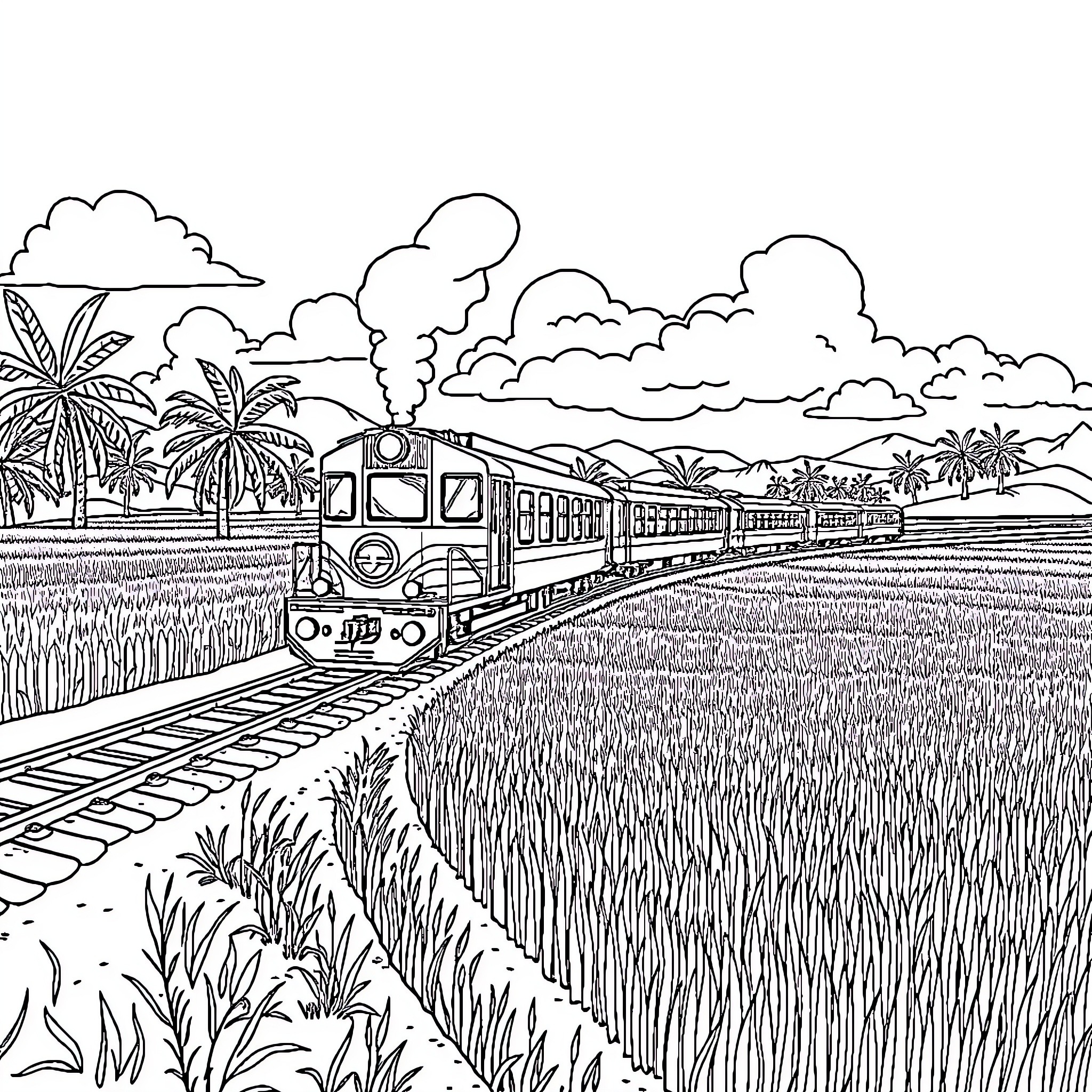 Train traveling through scenic countryside landscape Coloring Page (free black-and-white line drawing printable PDF for all, from beginners to advanced learners, including children, teens, adults, and seniors)