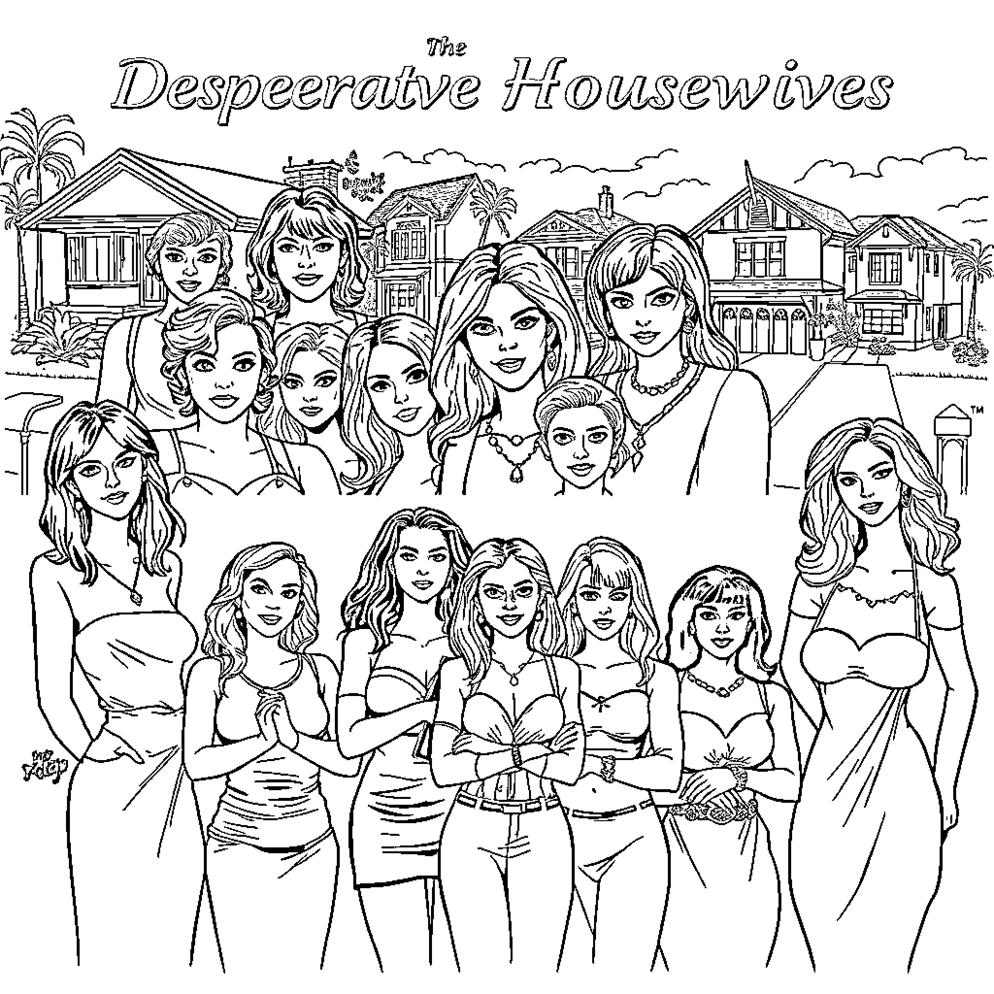 Housewives in Stylish Outfits and Poses Coloring Page (free black-and-white line drawing printable PDF for all, from beginners to advanced learners, including children, teens, adults, and seniors)