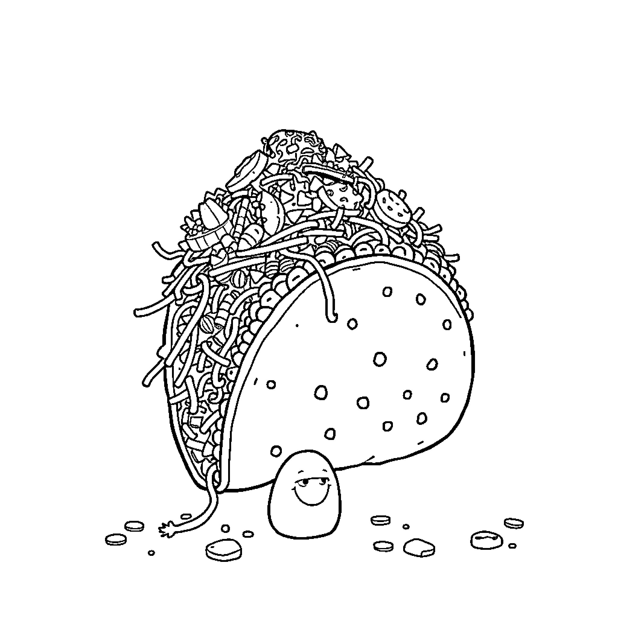 Taco with delightful ingredients Coloring Page (free black-and-white line drawing printable PDF for all, from beginners to advanced learners, including children, teens, adults, and seniors)