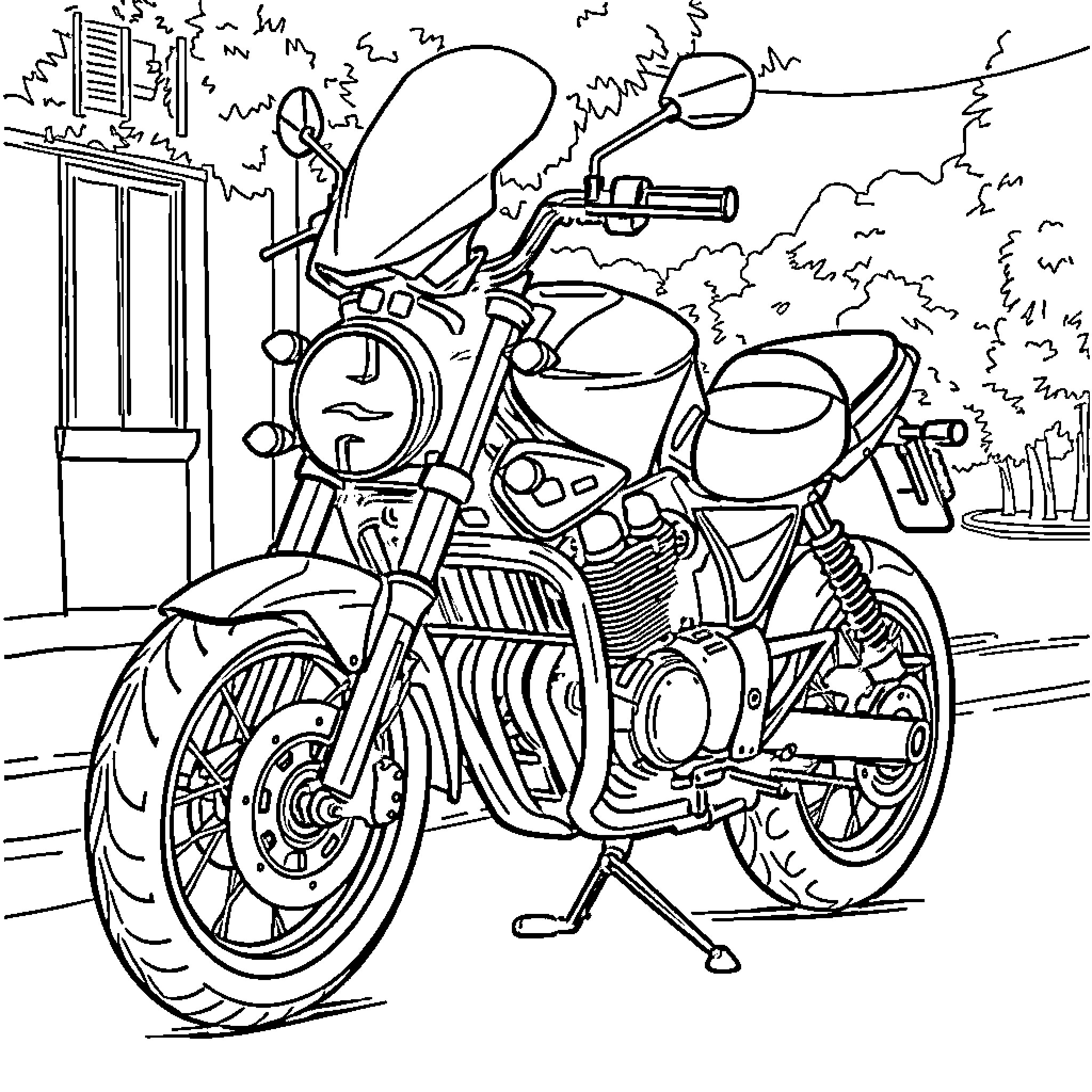 Motorbike parked on the street with accessories Coloring Page (free black-and-white line drawing printable PDF for all, from beginners to advanced learners, including children, teens, adults, and seniors)