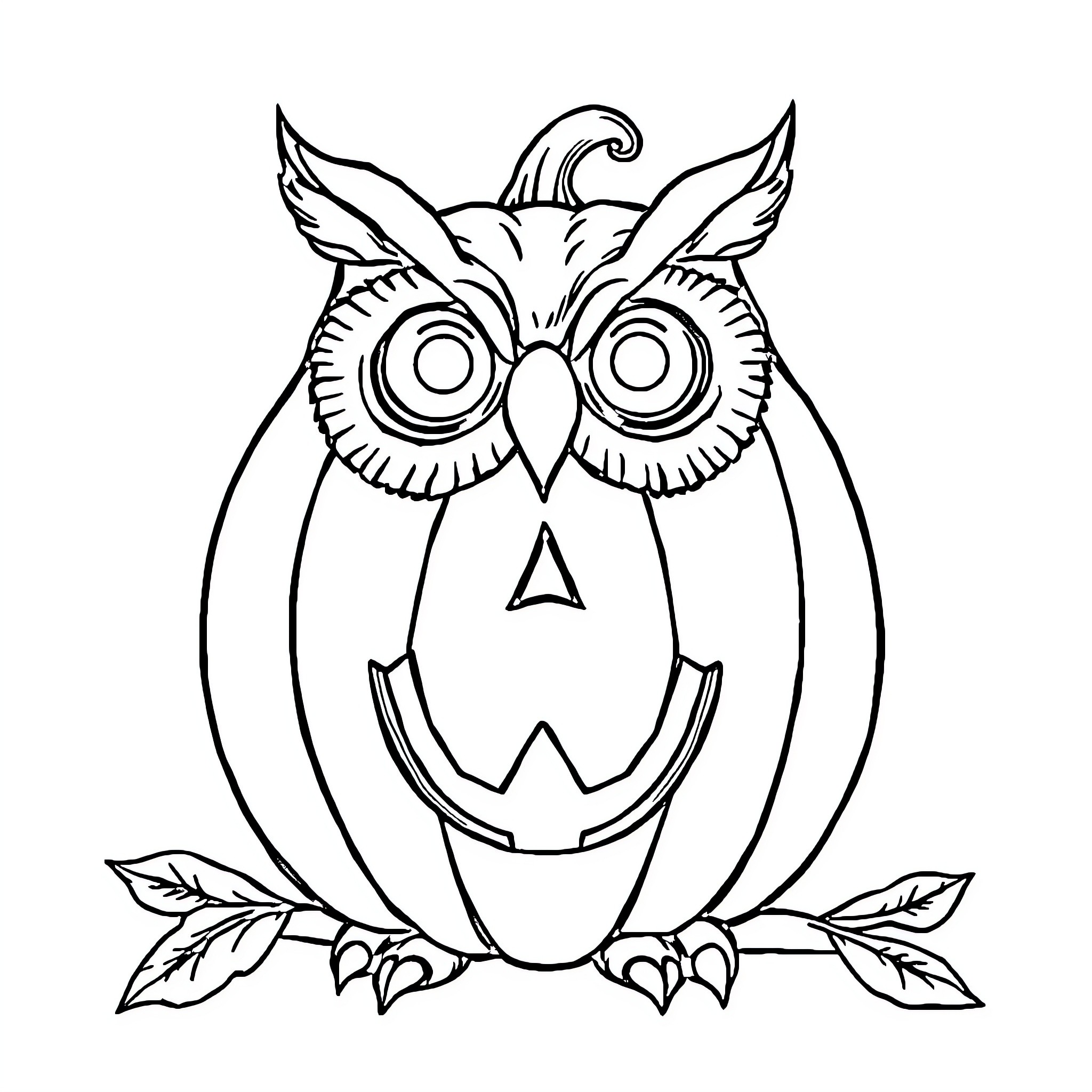 Owl pumpkin with wide eyes and wings Coloring Page (free black-and-white line drawing printable PDF for all, from beginners to advanced learners, including children, teens, adults, and seniors)