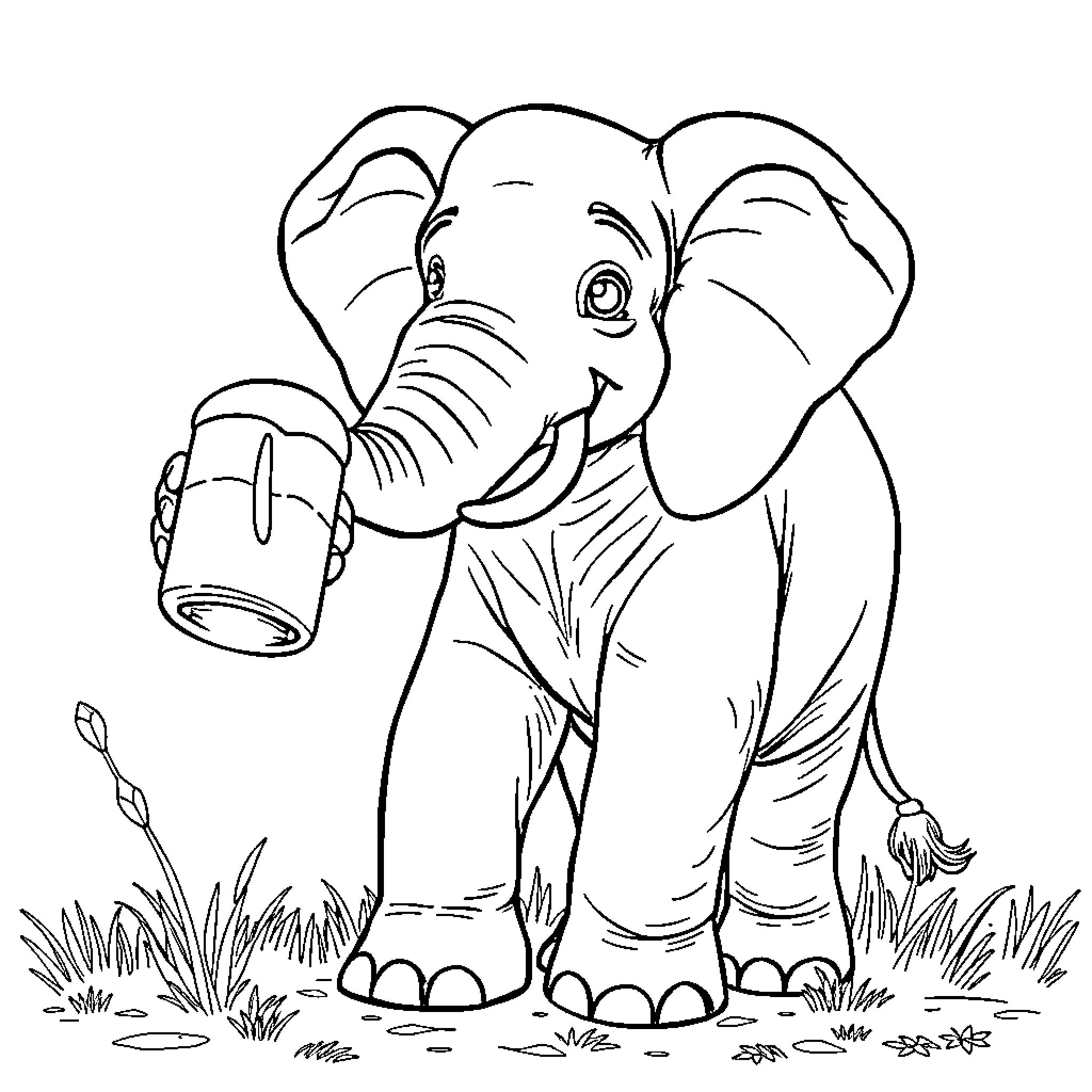 Elephant holding a jar in a grassy field Coloring Page (free black-and-white line drawing printable PDF for all, from beginners to advanced learners, including children, teens, adults, and seniors)