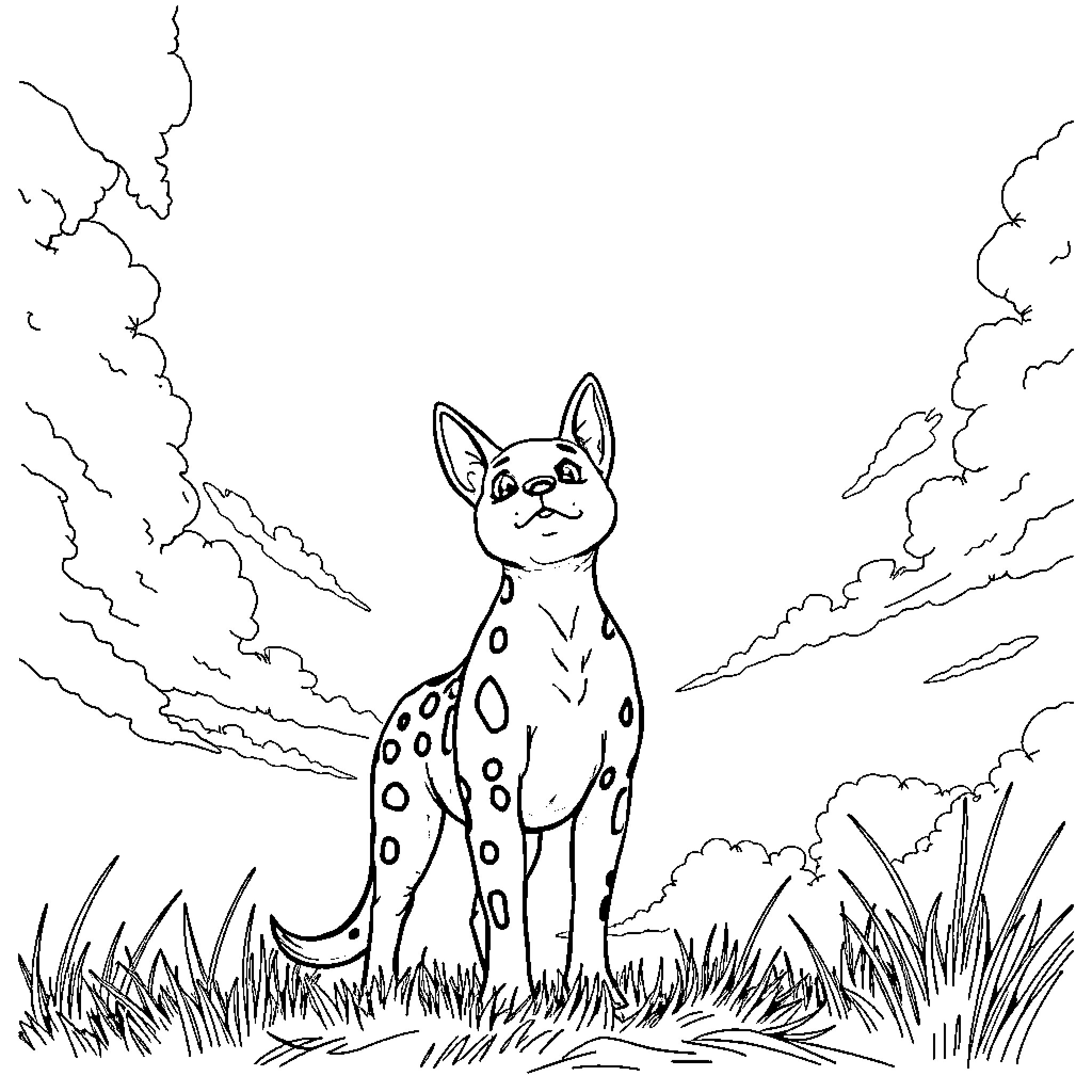 Skybri - Spotted animal exploring nature Coloring Page (free black-and-white line drawing printable PDF for all, from beginners to advanced learners, including children, teens, adults, and seniors)