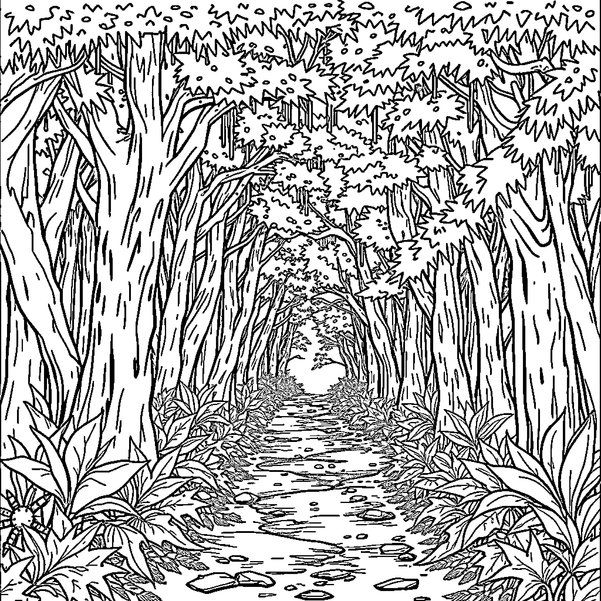 Selva - Enchanting Path through the Wilderness Coloring Page (free black-and-white line drawing printable PDF for all, from beginners to advanced learners, including children, teens, adults, and seniors)
