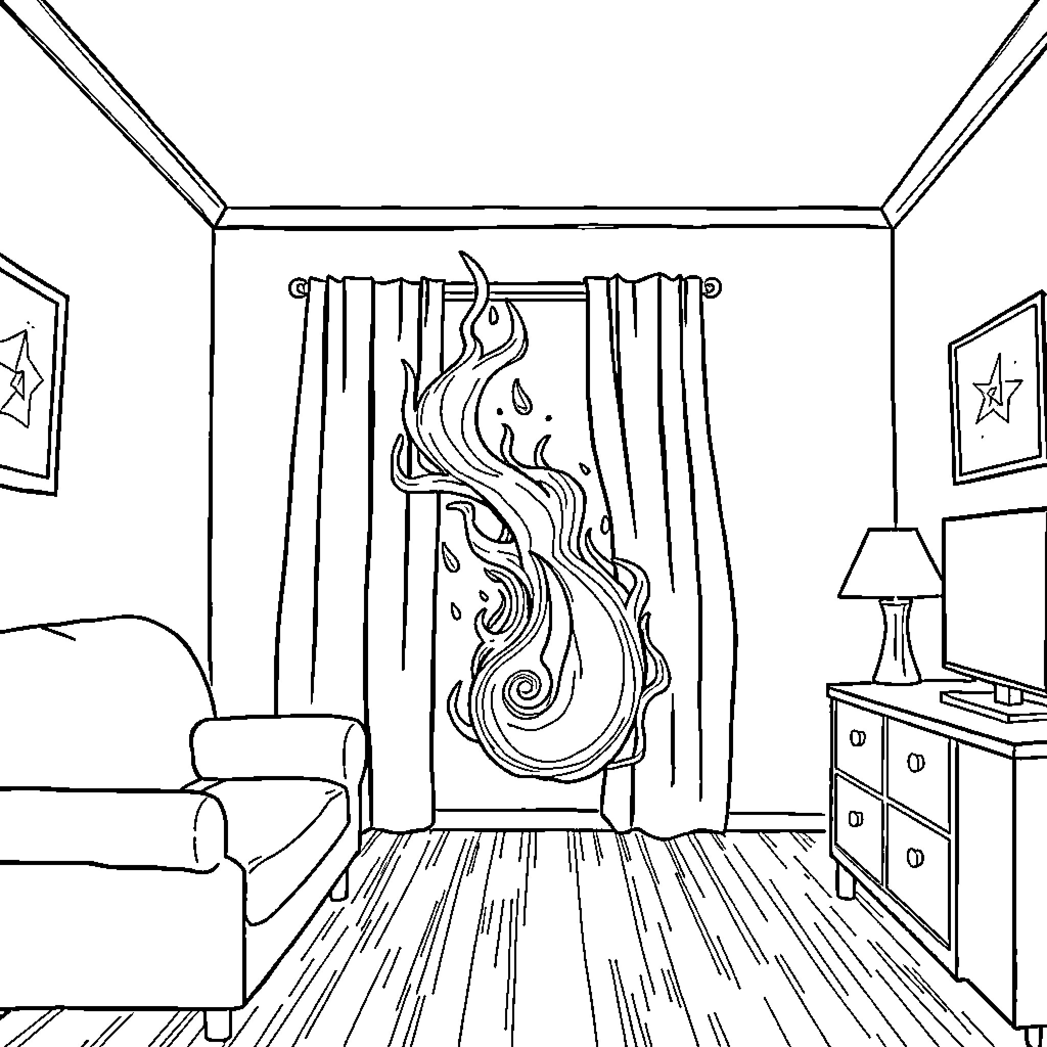 Fart unleashed with fiery fury in the living room Coloring Page (free black-and-white line drawing printable PDF for all, from beginners to advanced learners, including children, teens, adults, and seniors)