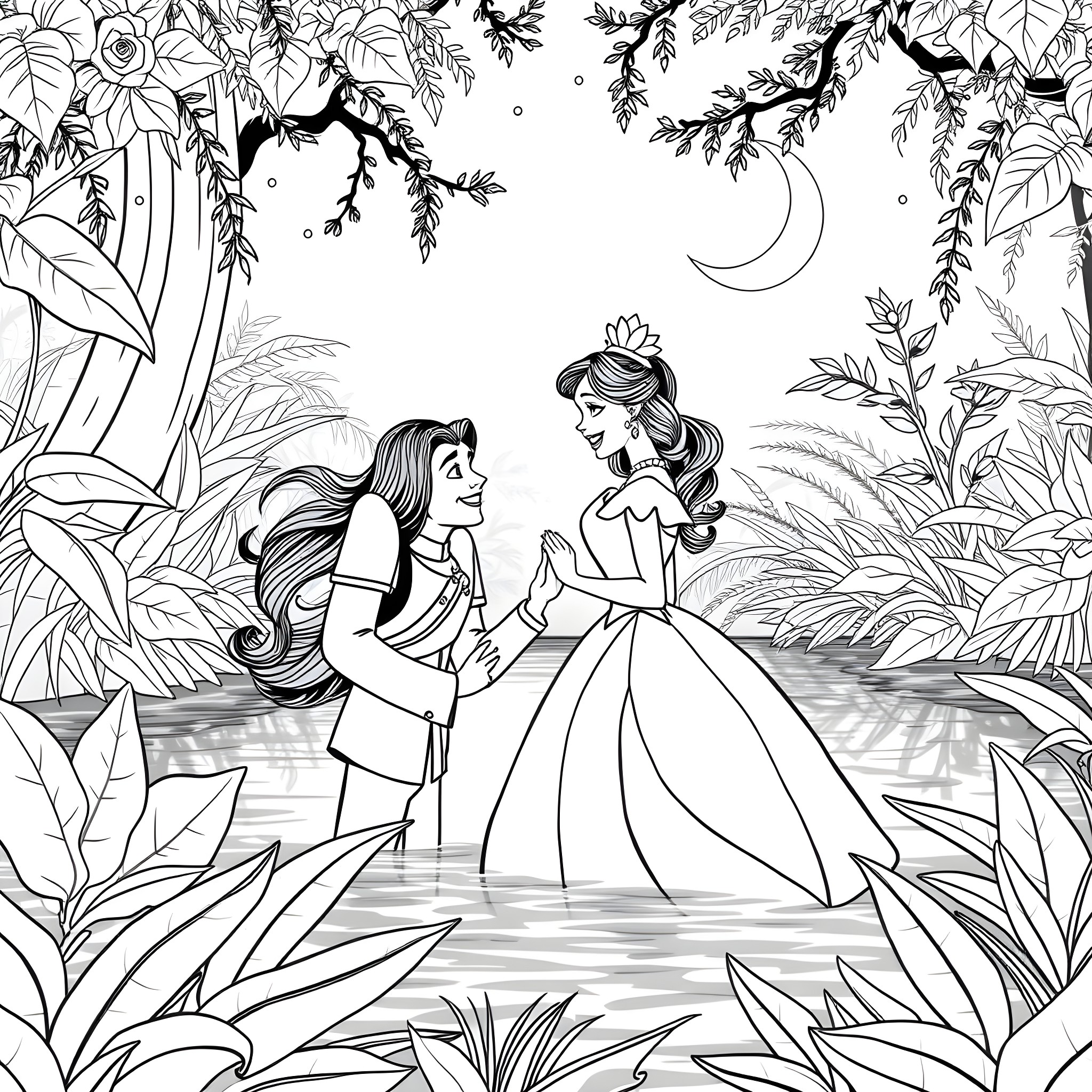 Tiana's magical forest encounter with a princess Coloring Page (free black-and-white line drawing printable PDF for all, from beginners to advanced learners, including children, teens, adults, and seniors)