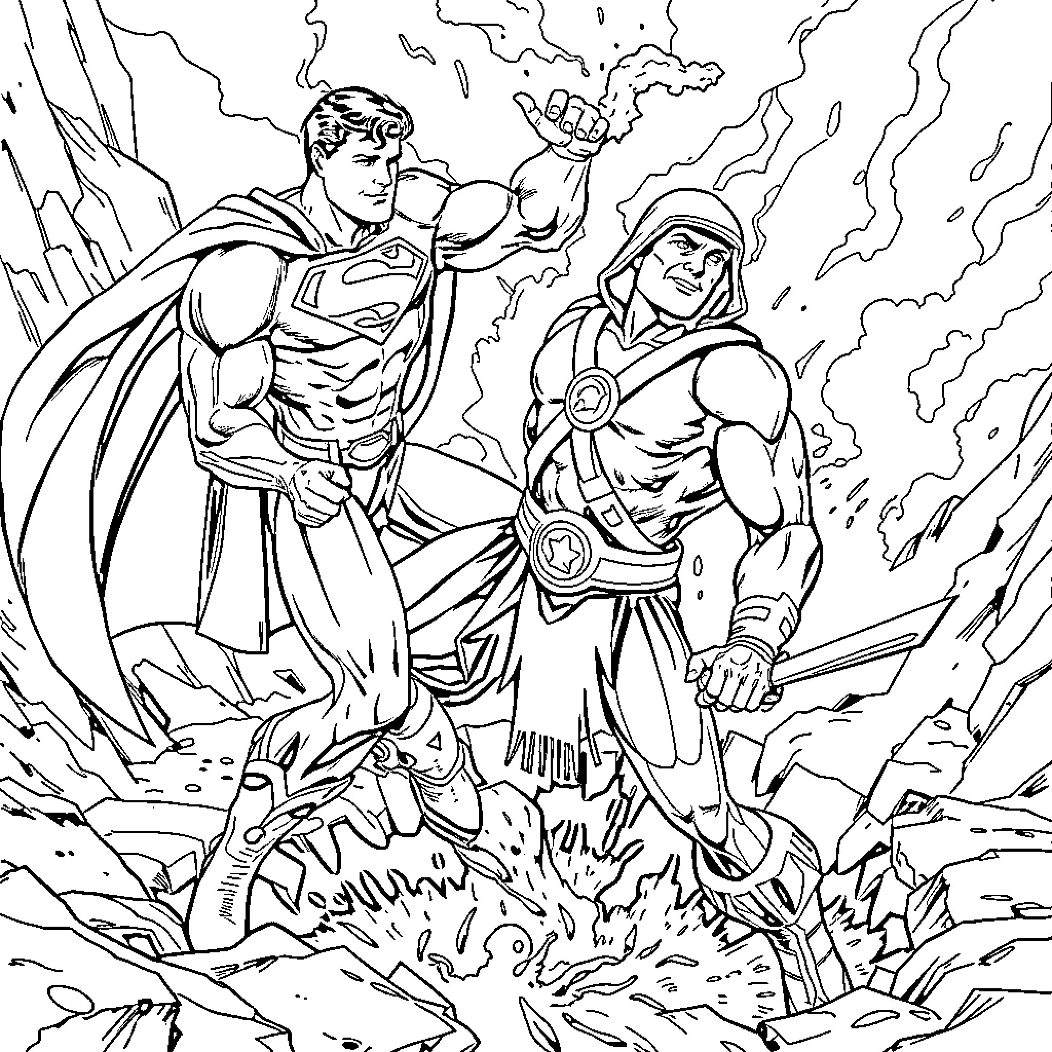 Superman and a Warrior Battle in a Dramatic Scene Coloring Page (free black-and-white line drawing printable PDF for all, from beginners to advanced learners, including children, teens, adults, and seniors)