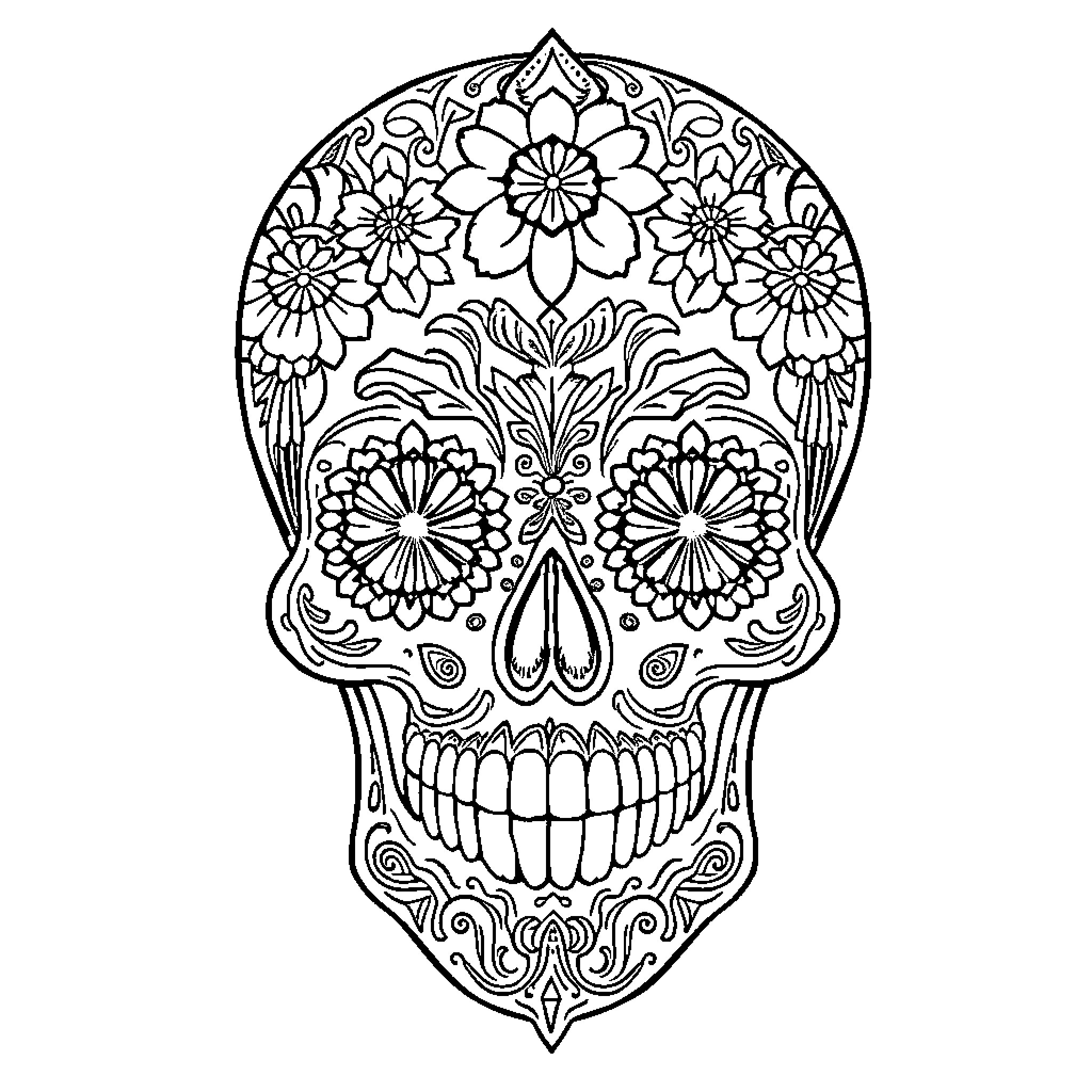 Sugar Skull with Intricate Floral Patterns Coloring Page (free black-and-white line drawing printable PDF for all, from beginners to advanced learners, including children, teens, adults, and seniors)