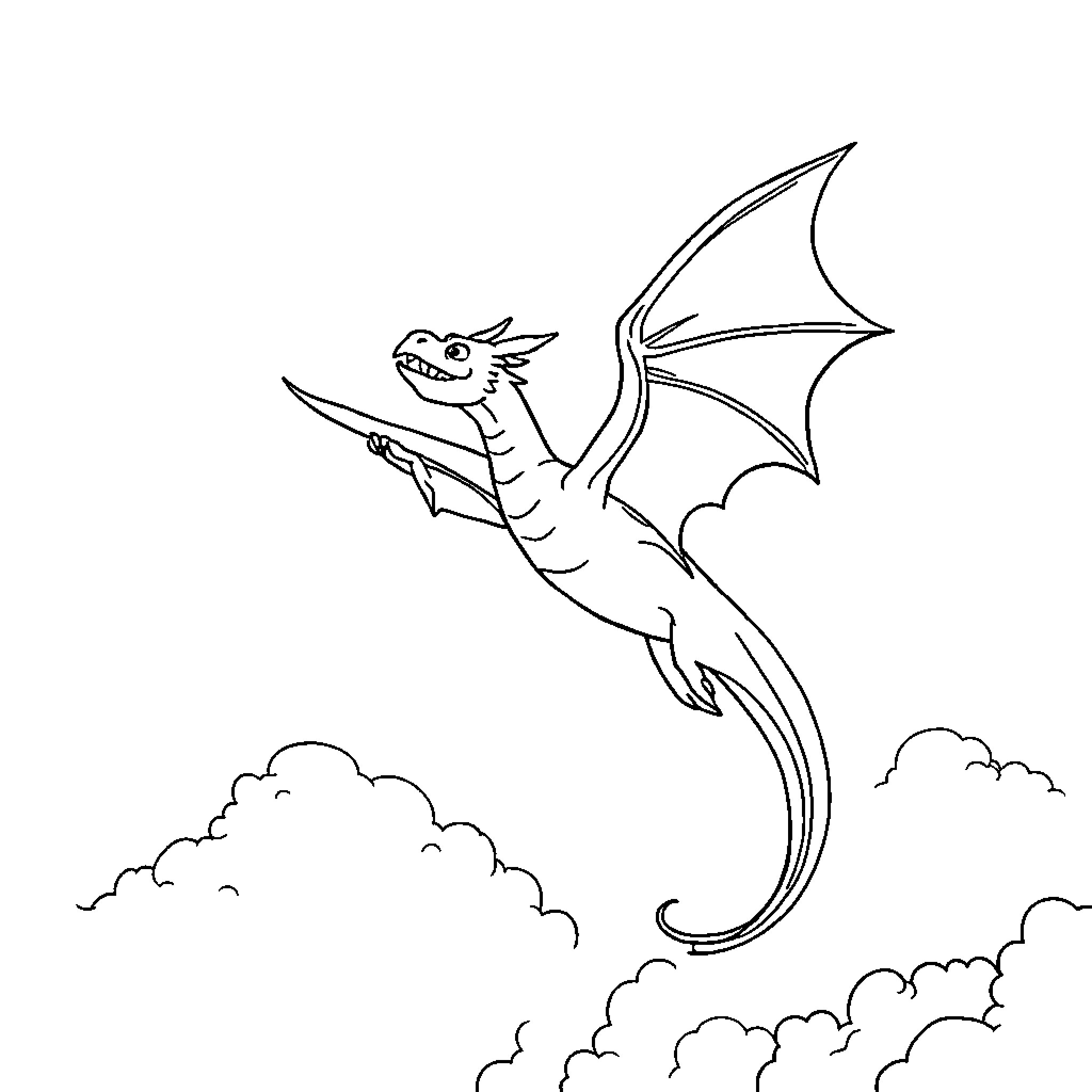 Dragon soaring through the clouds Coloring Page (free black-and-white line drawing printable PDF for all, from beginners to advanced learners, including children, teens, adults, and seniors)