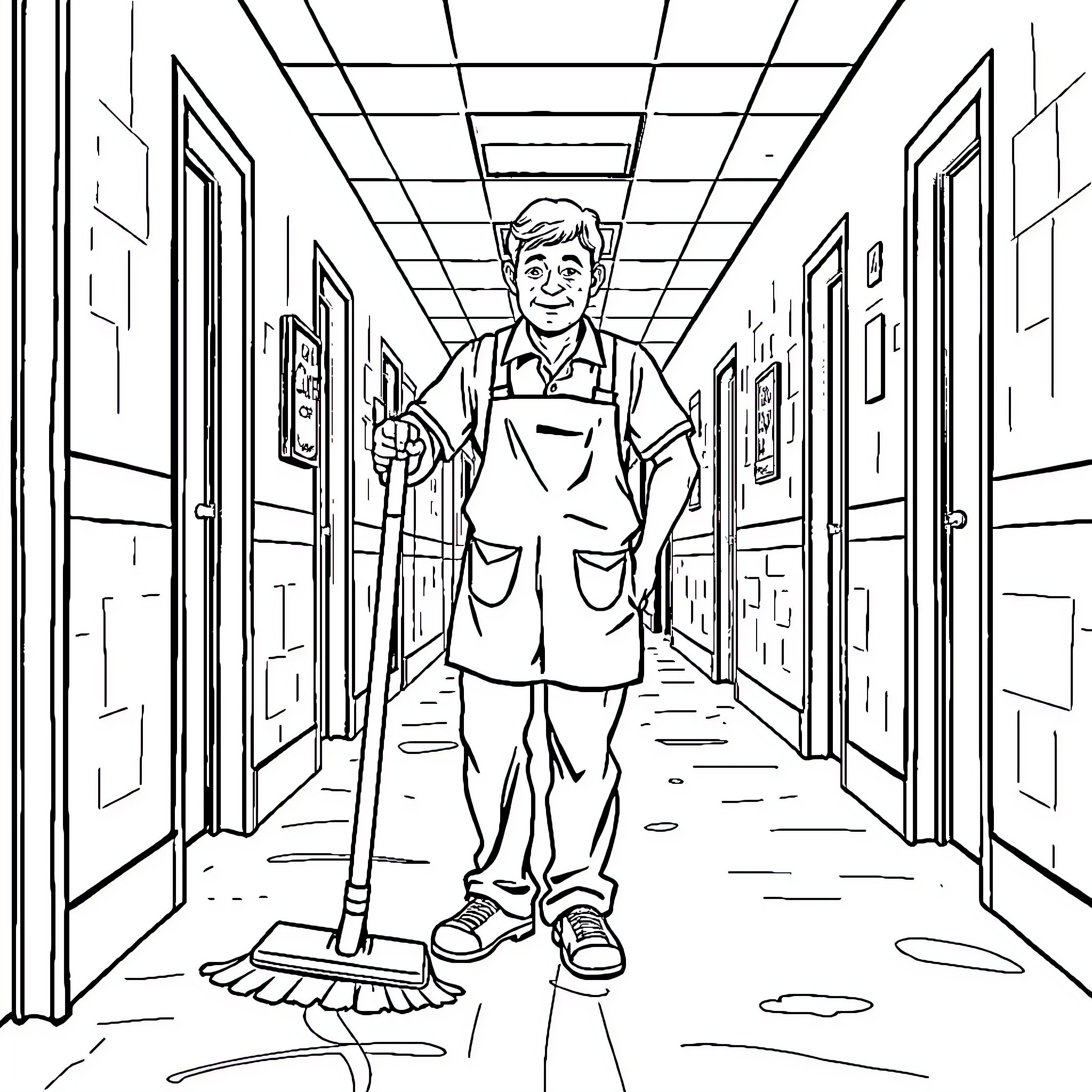 Custodian working diligently in the school hallway Coloring Page (free black-and-white line drawing printable PDF for all, from beginners to advanced learners, including children, teens, adults, and seniors)