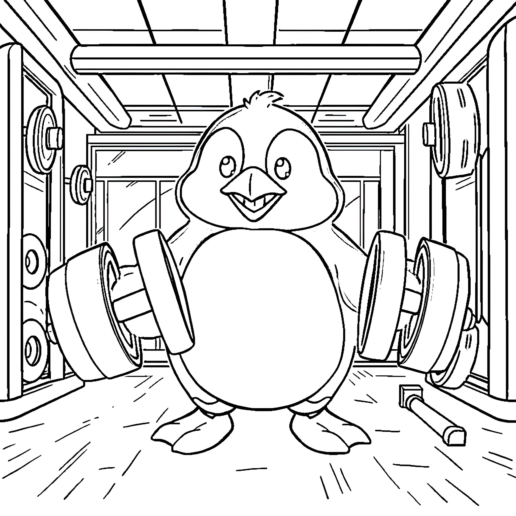 Badtz-Maru Enjoying Music in a Cluttered Room Coloring Page (free black-and-white line drawing printable PDF for all, from beginners to advanced learners, including children, teens, adults, and seniors)